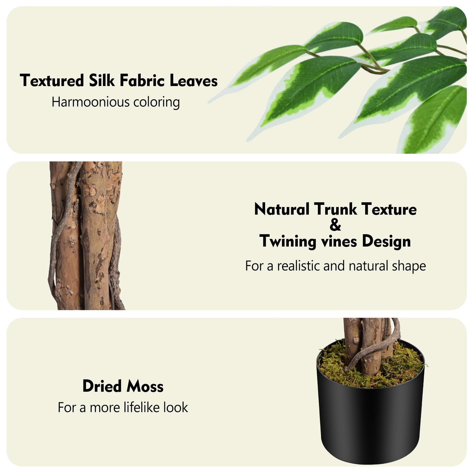 6.2ft Ficus Artificial Trees with 3 Natural Curved Trunks, 74″ Tall Lush Faux…