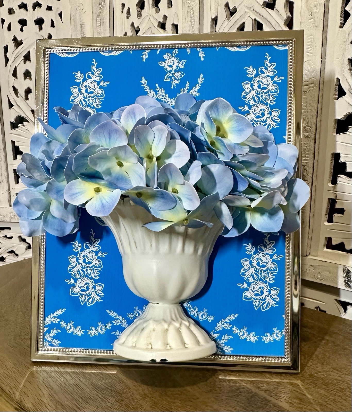 3D Artistry Handmade Blue Hydrangeas in Distressed Metal Urn Framed Florals