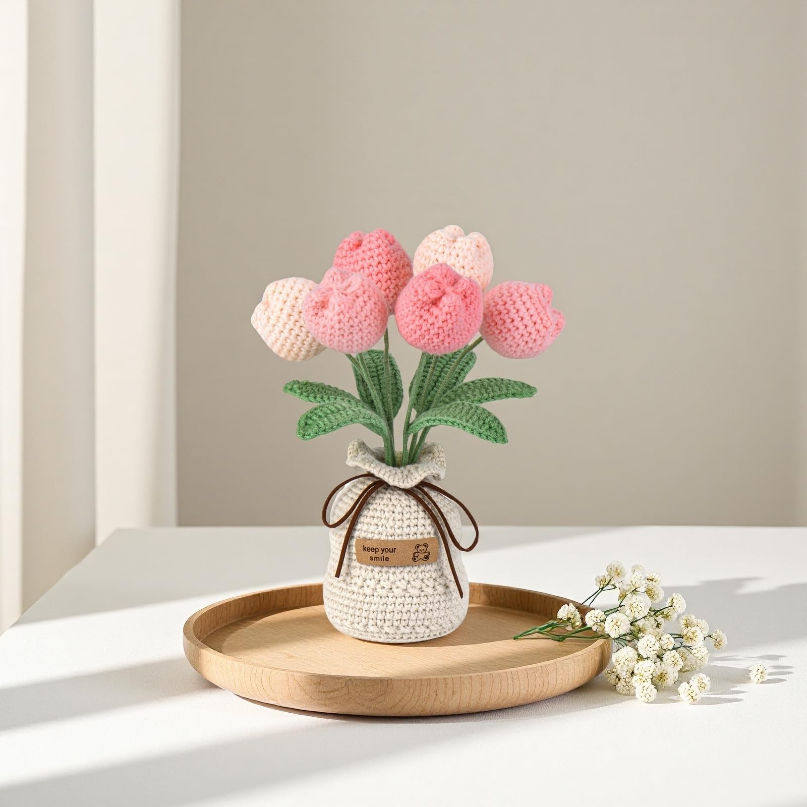 Pink Crochet Flowers Bouquet Knitted Tulips Potted Plant Gift Box And Card