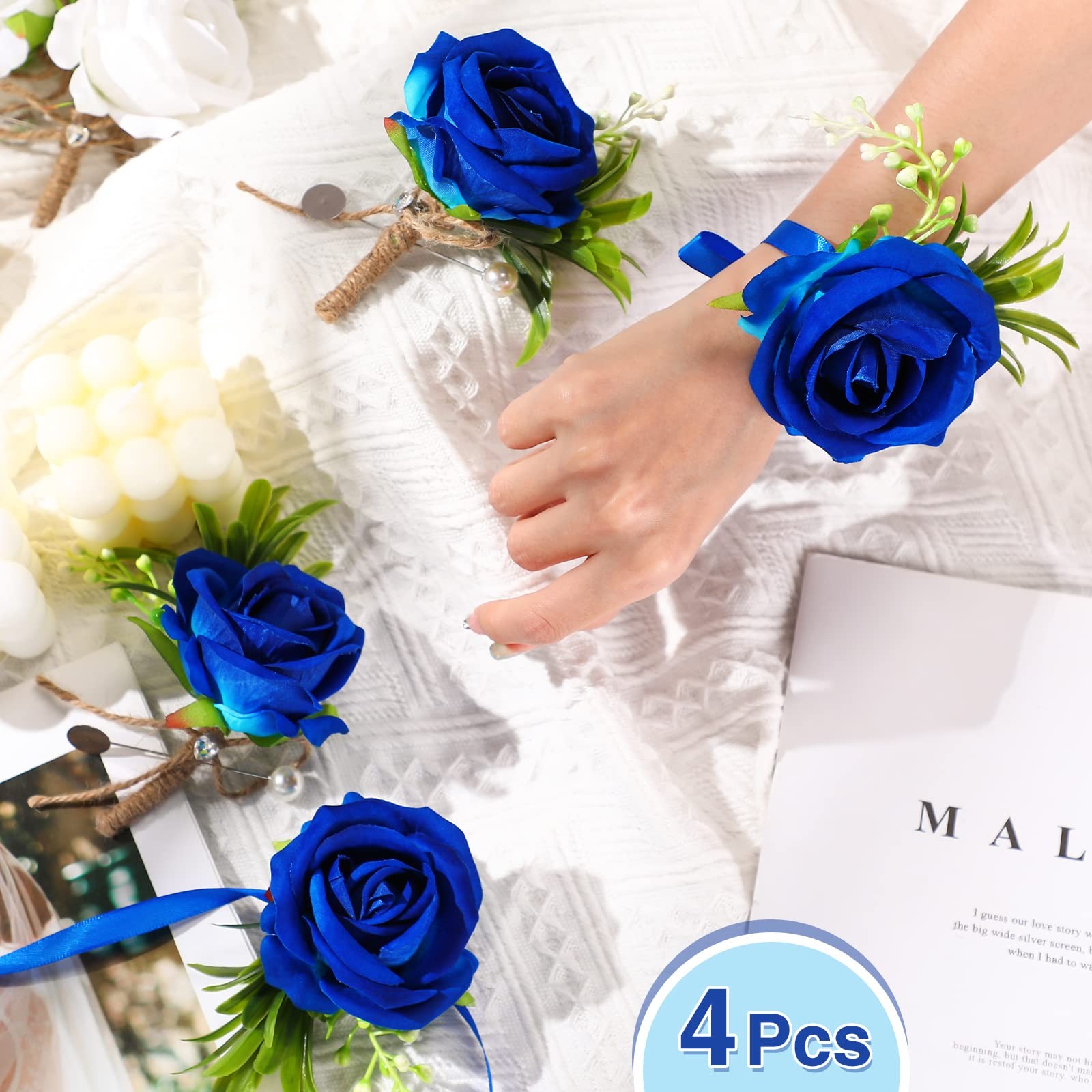 4 PCS Wedding Party Corsage Boutonniere Set Blue Rose Wrist Band Groom Men Decor