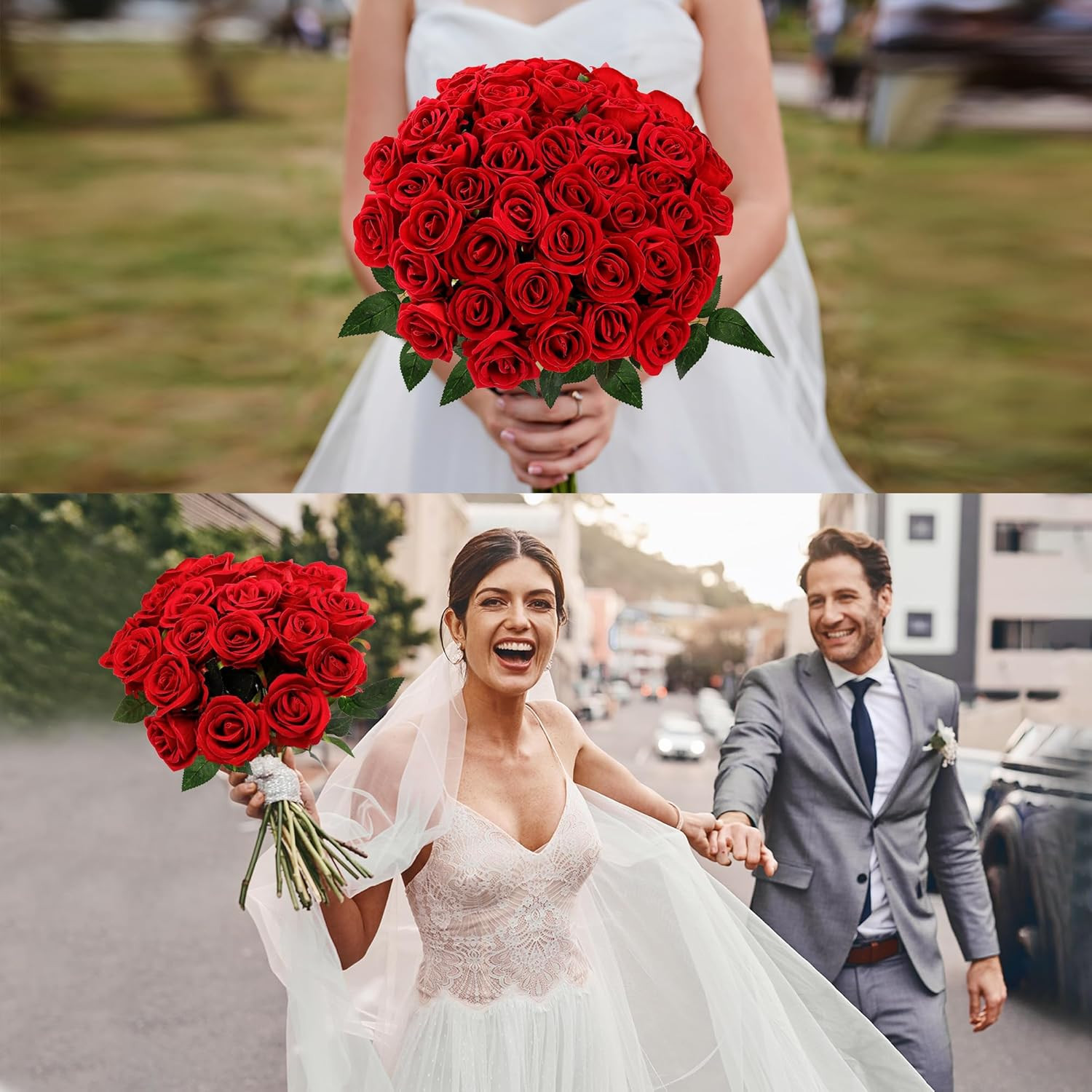 50 Pcs Artificial Roses Red Flowers Fake Velvet Silk Roses with Stems Bulk Reali