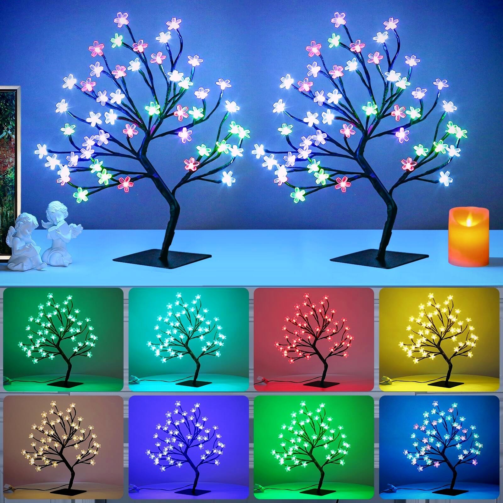 2pcs 48 LED Artificial Lighted Cherry Blossom Tree – Cherry Blossom Bonsai Tr…