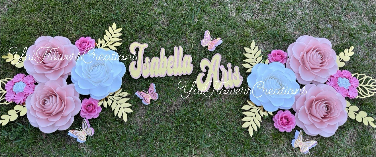 Personalized Artificial Rose & Butterfly Flower Wall Decor Set, Pink/Blue/Gold