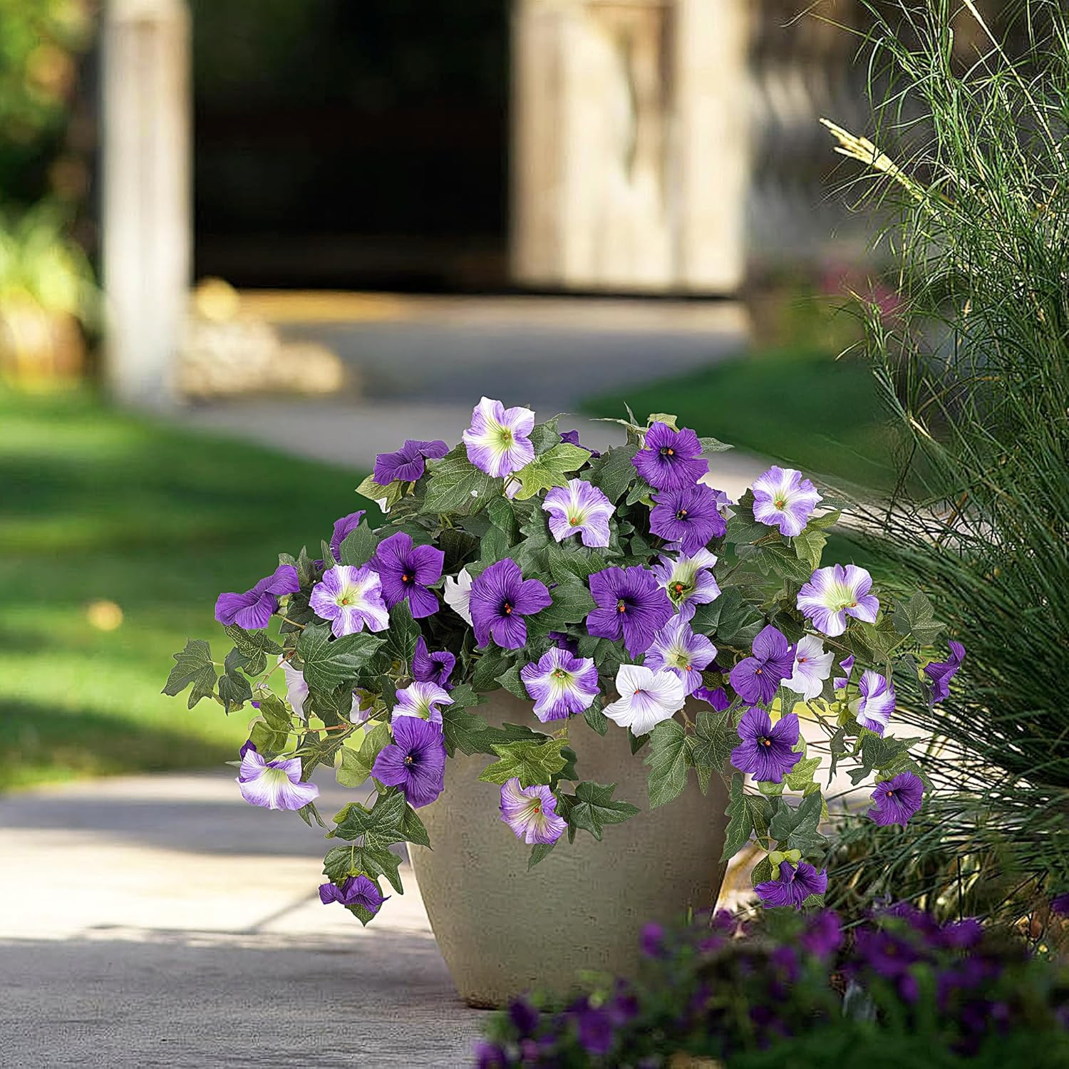 Artificial Faux Petunias Flowers 2PCS UV Resistant for Outdoor Purple White