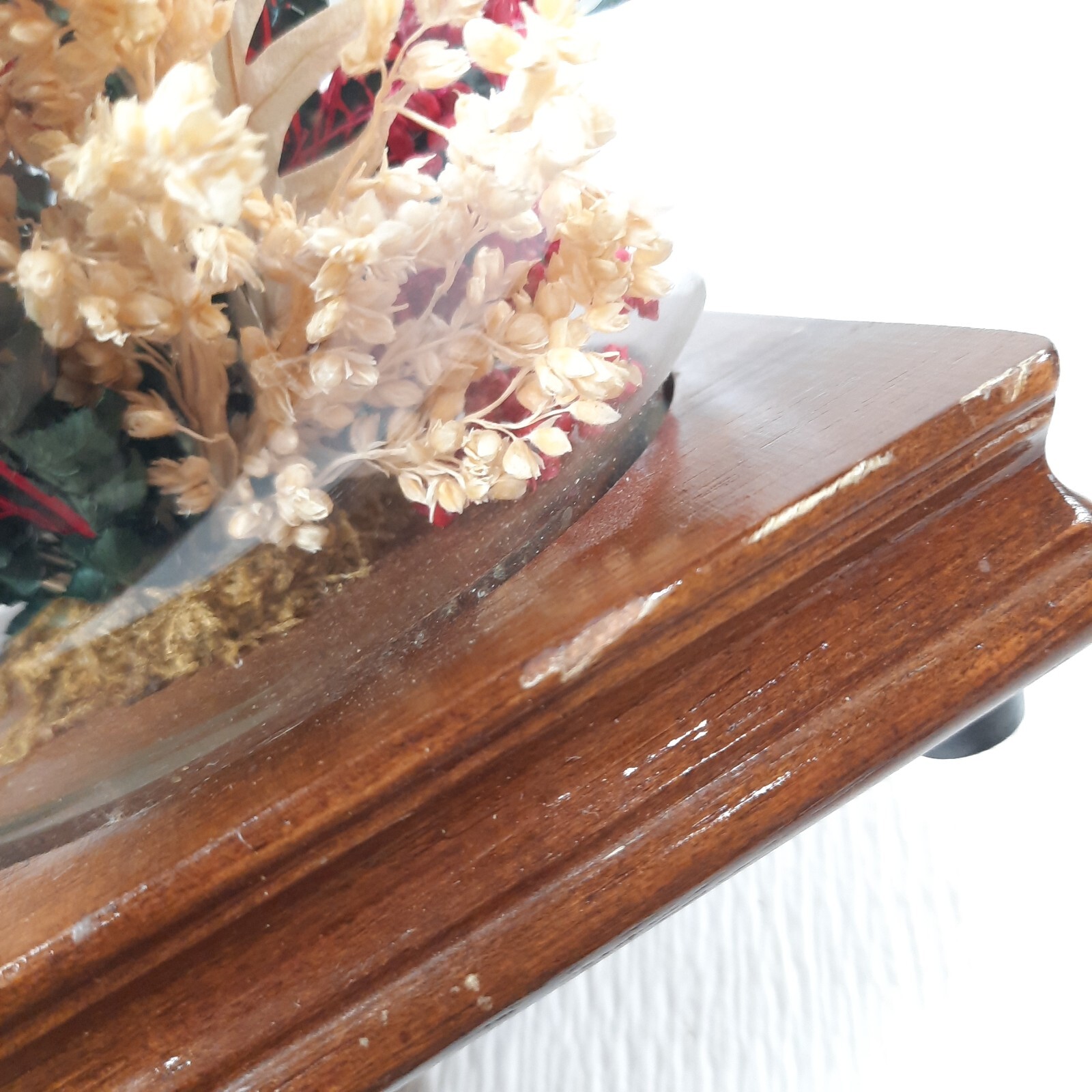 Vintage Floral glass globe terrarium wood base red poinsettia flower centerpiece
