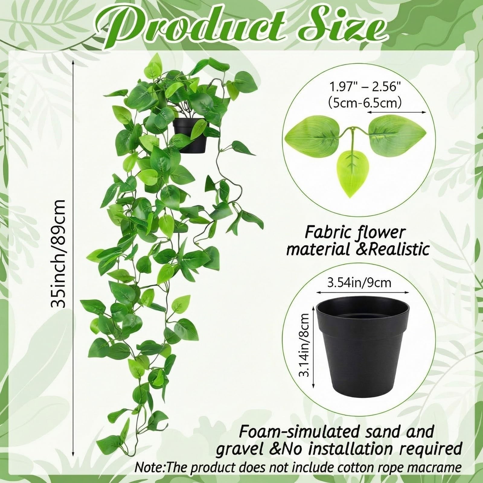 4 PCS 35 Inch Fake Pothos Hanging Plants Faux Ivy Vines Pots Artificial Decor