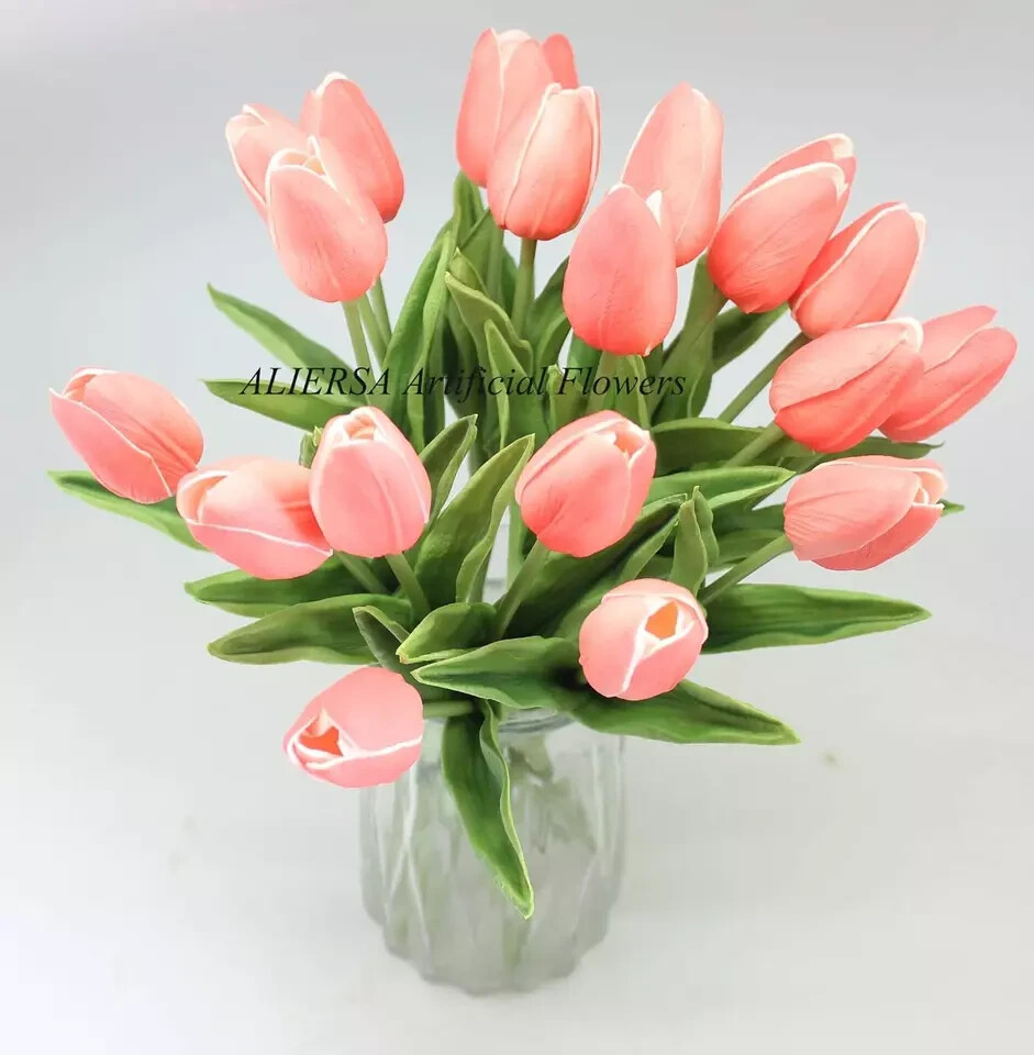 10-Heads Artificial Flowers PU Mini Real Touch Tulip Bouquets (Gradient Coral)
