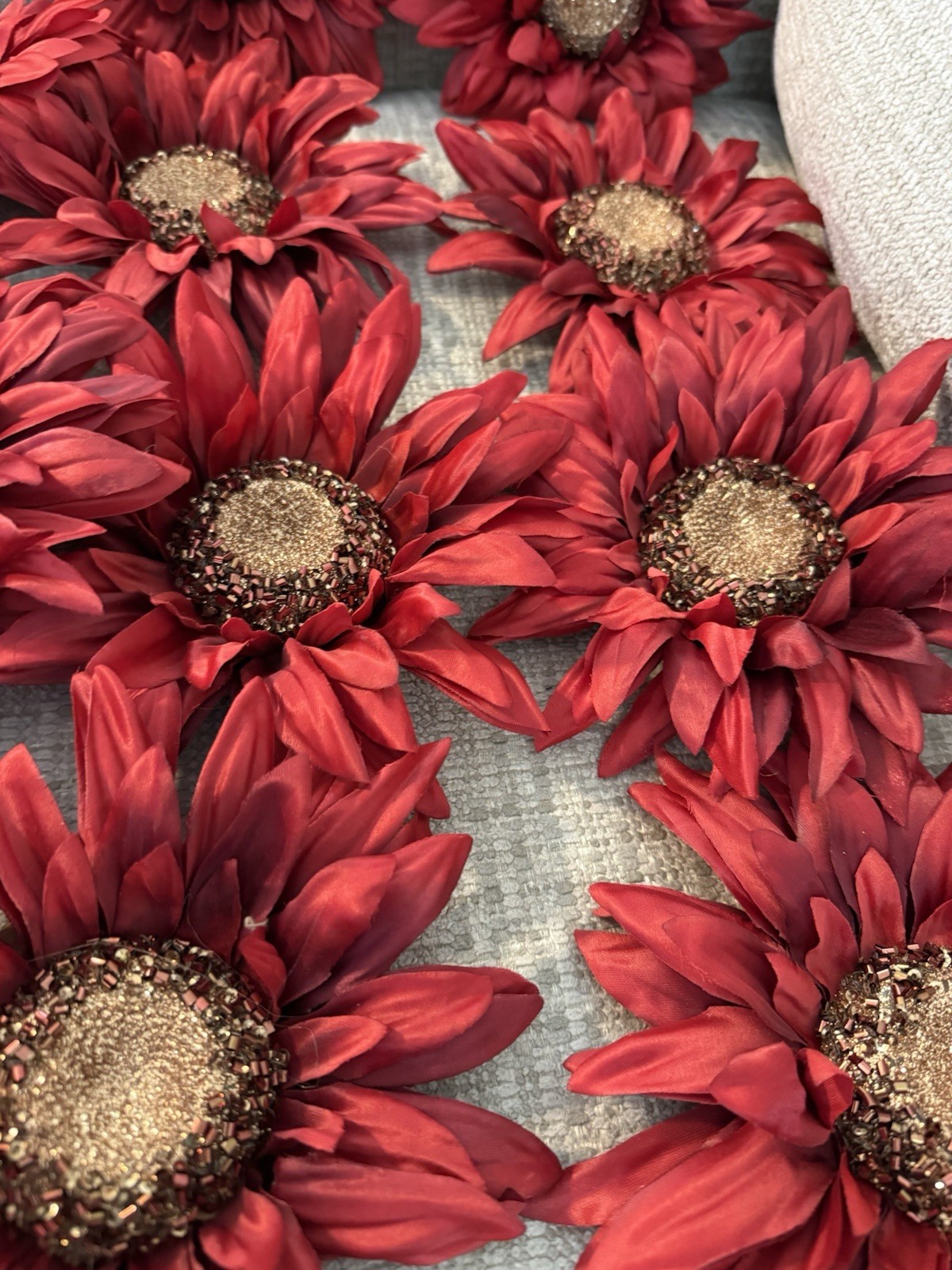 Sunflowers Medium Size Red/Burgundy Bloom Tops NO Stems 7 Inch Rhinestone (10)