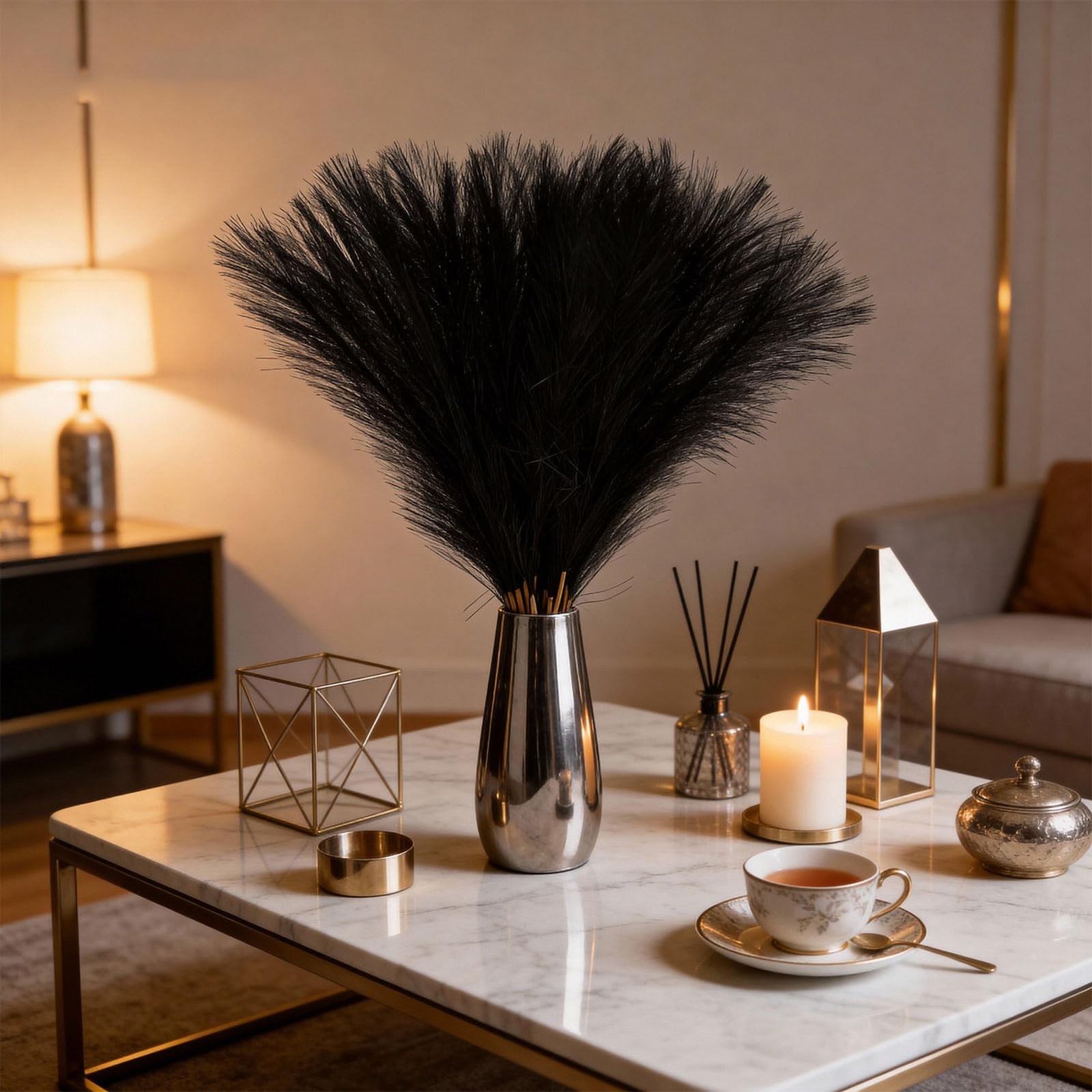 Black Pampas Grass Faux NonShedding Gothic Home Wedding Decor 21.6 In 50 PCS