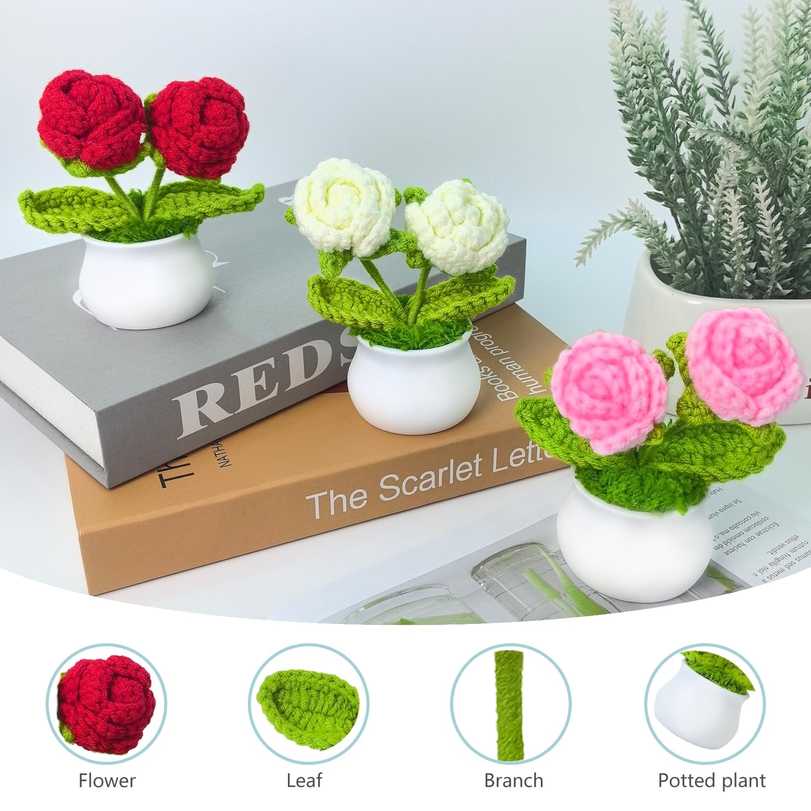 Crochet Flowers Artificial Sunflower 3 PCS Small Potted Plants 2 Heads Roses