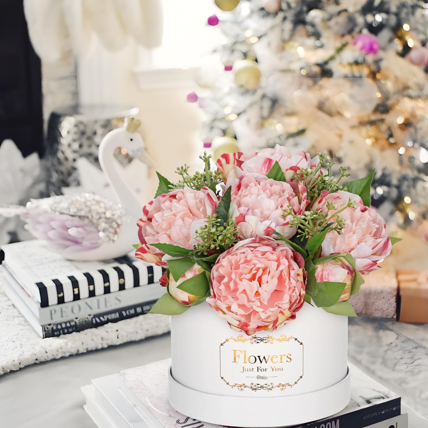 Pink Peonies Artificial Flowers in Vase Round Gift Boxes Fake Arrangements