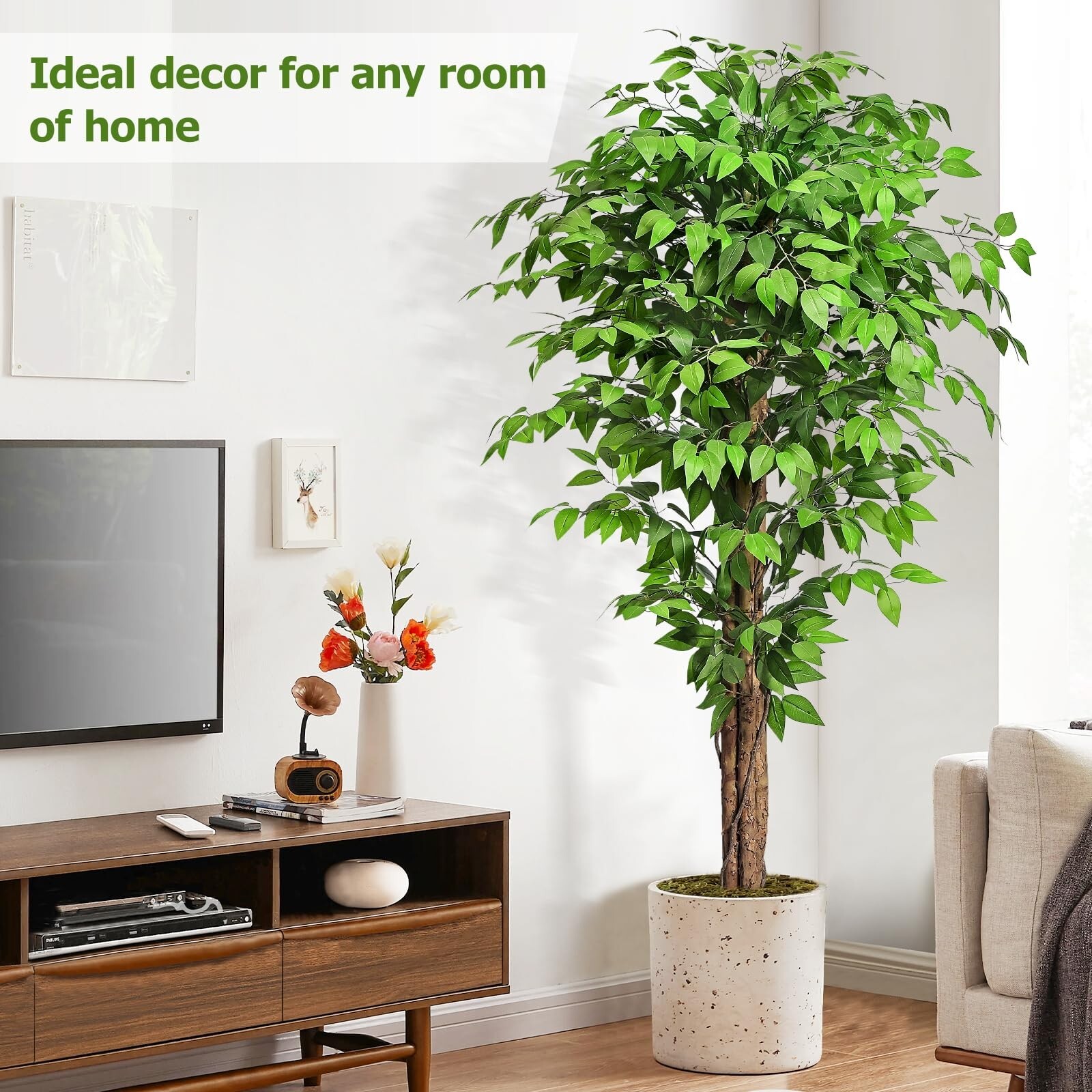 6.2ft Ficus Artificial Trees with 3 Natural Curved Trunks, 74″ Tall Lush Faux…