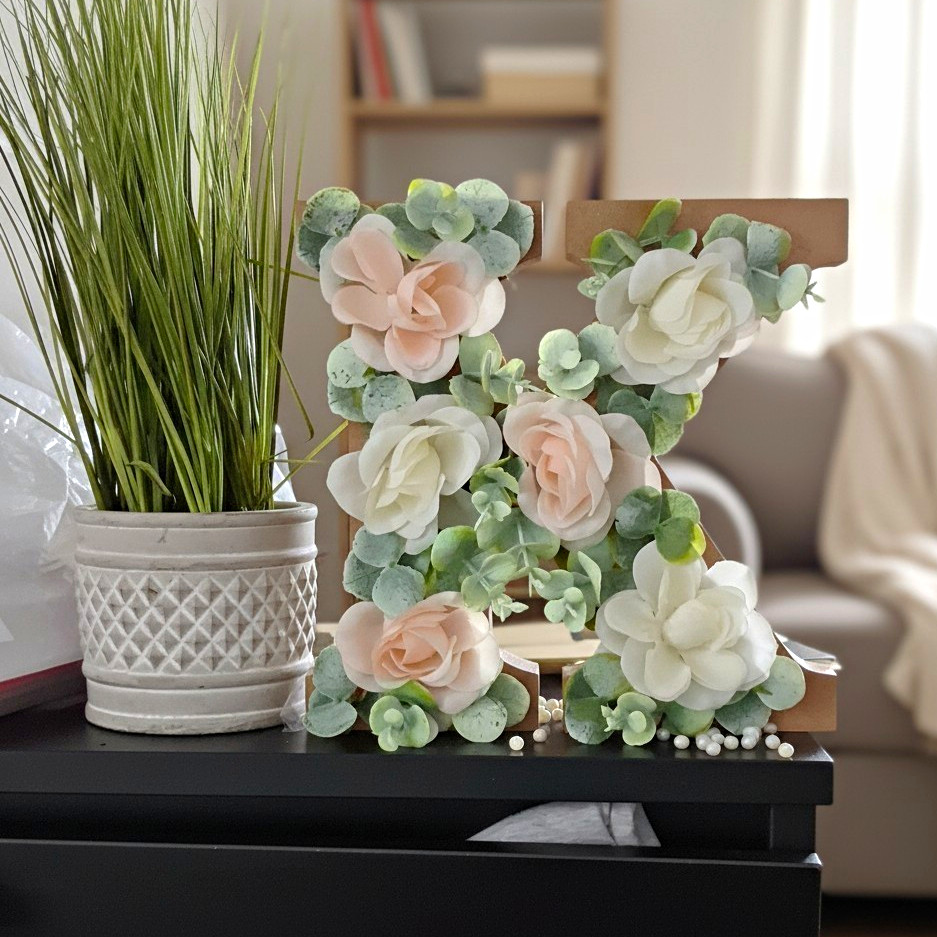 Artificial Letter K Wall Decor Arrangement, Pink/White Roses & Green Eucalyptus