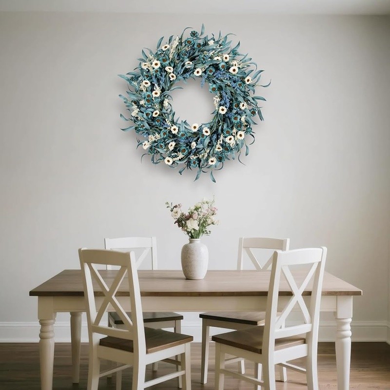 Rustic Flower Wreath Blue Daisy Eucalyptus Wheat Front Door Decor Seasonal Charm