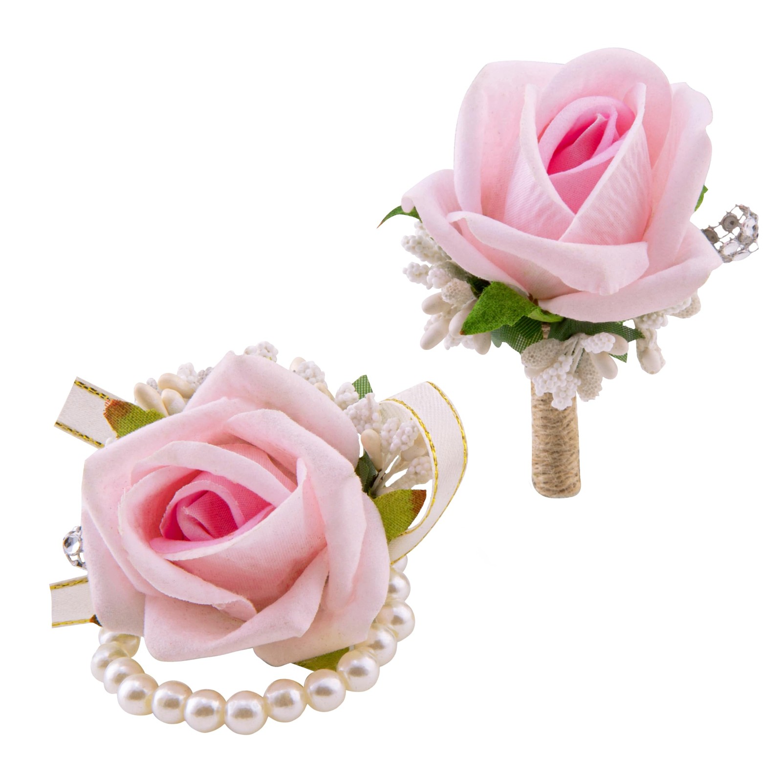 2 PCS Light Pink Corsage And Boutonniere Set Wristlet Prom Wedding Flowers