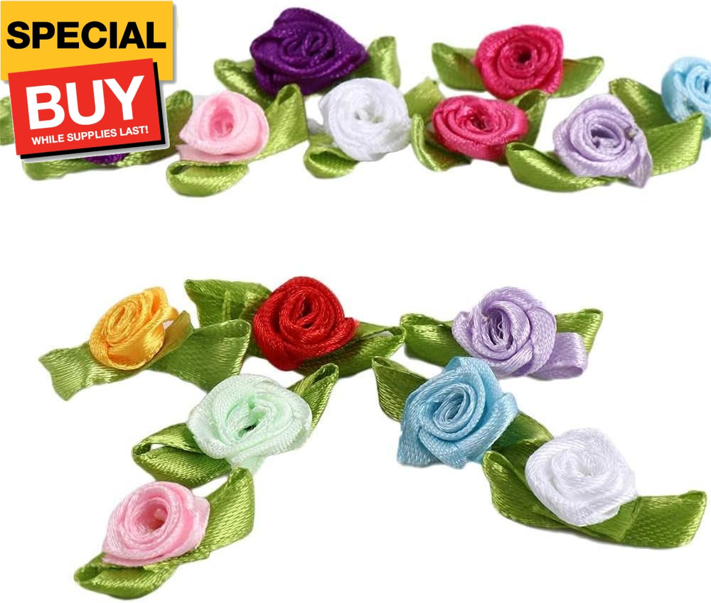 100PCS Mini Ribbon Roses for Crafts Artificial Fabric Flowers with Green Leaves