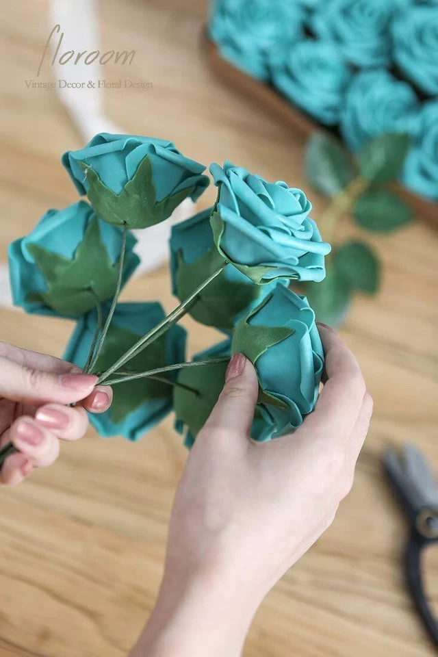 Artificial Flowers 25pcs Real Looking Teal Green Foam Fake Roses with Stems f…