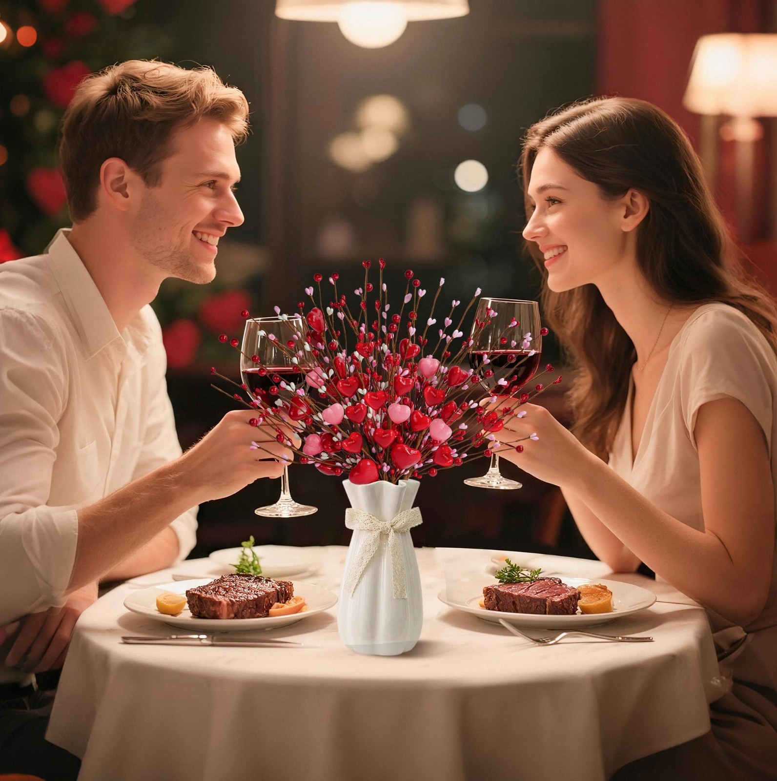 Valentine’s Day Decorations – 6 Pcs Heart Picks with Red Pink Flowers & Berries