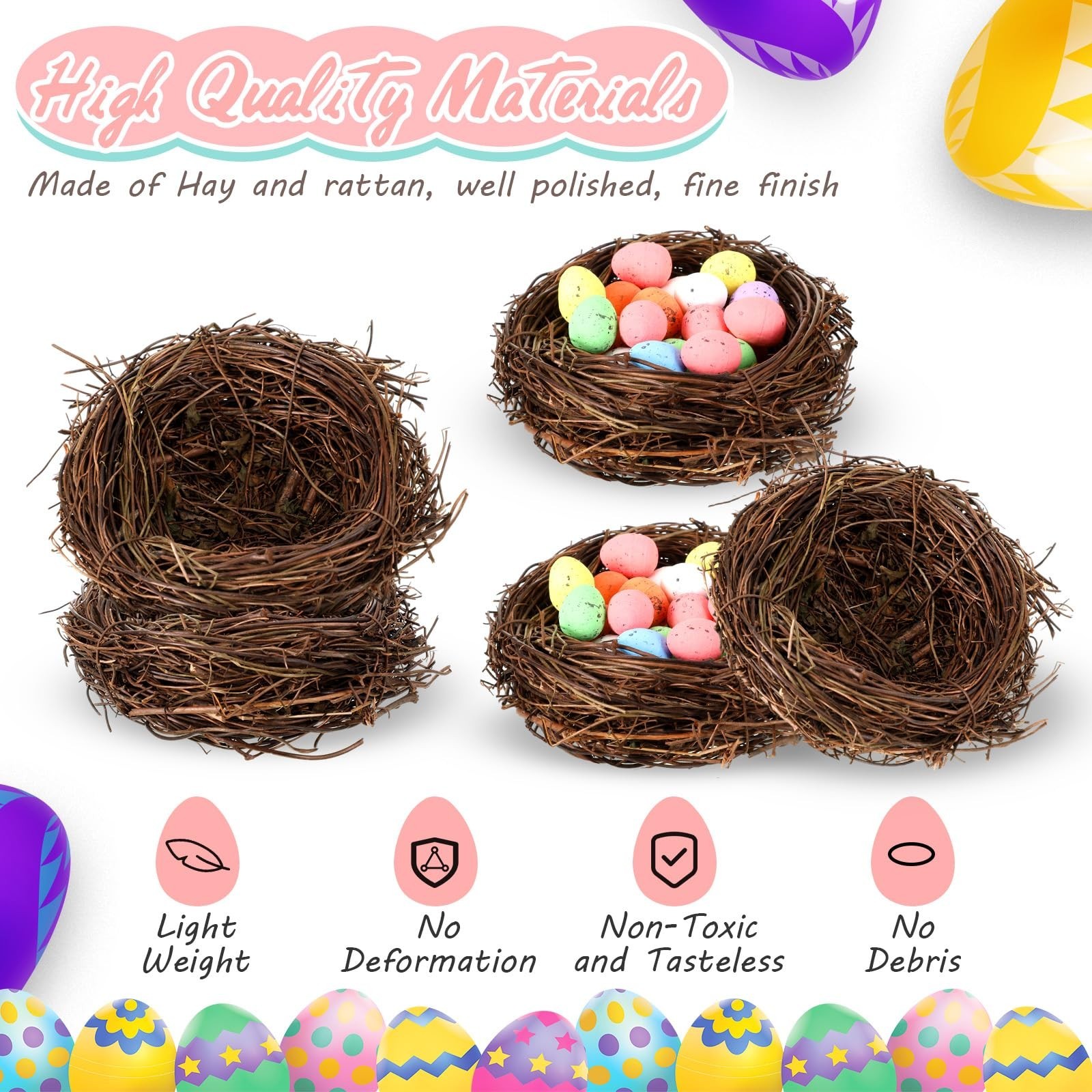 12 Pcs Mini Artificial Bird Nests with 100 Easter Eggs for Crafts & Decor
