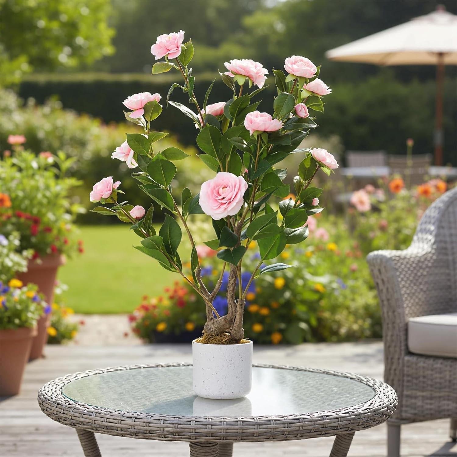 2.5FT Artificial Camellia Tree White Pot,Faux Pink Flower Plant for Home Decor