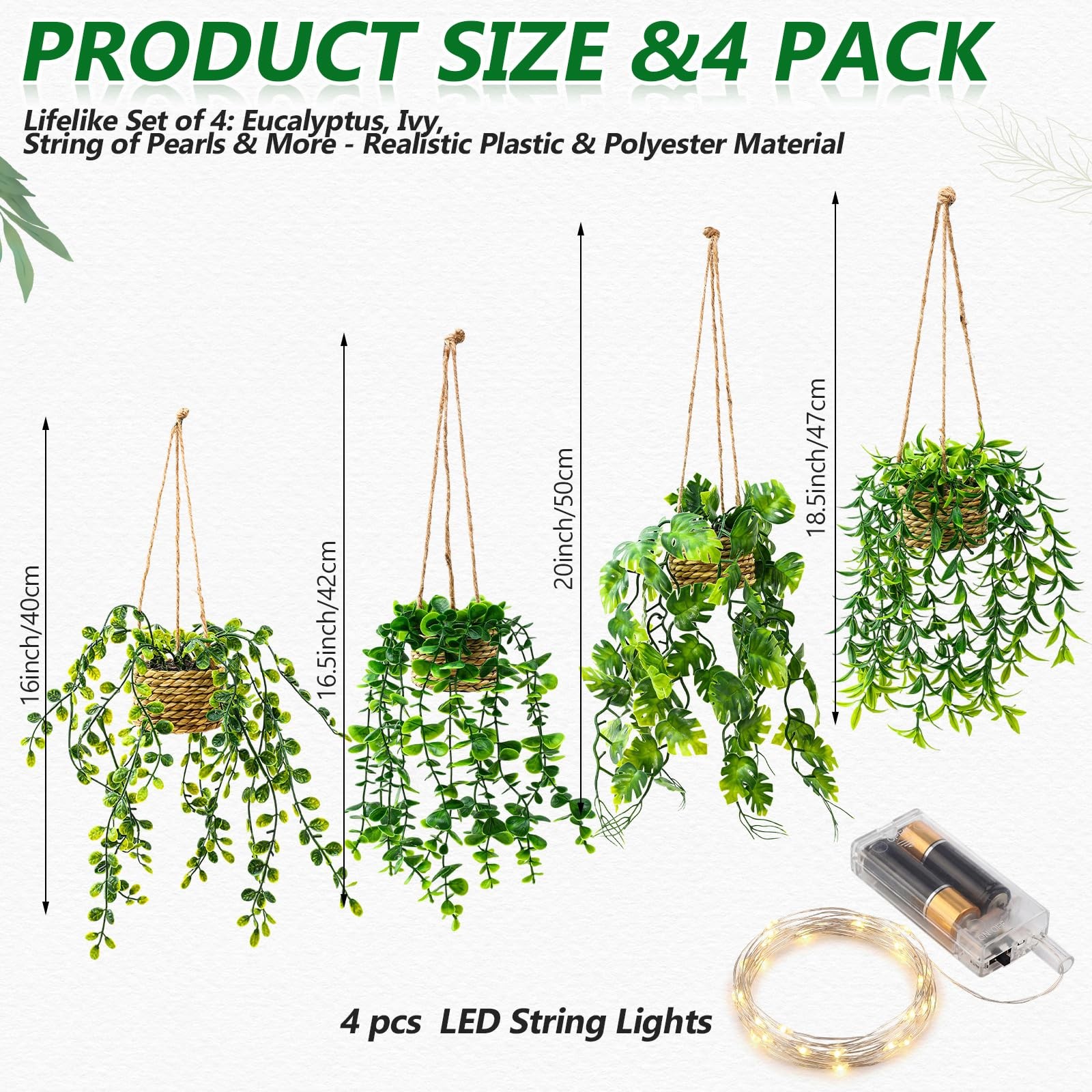 4 Set Mini Fake Hanging Plants in Basket with Lights Artificial Hanging Vines…