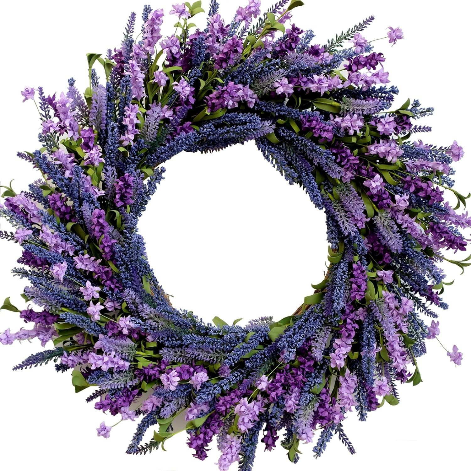 Luxurious 26-Inch Lavender Flower Wreath with Green Leaves for Home Elegance