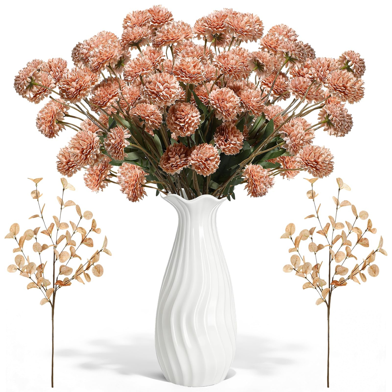 Beige Faux Silk Pompon Mums Artificial Flowers – 12 Pcs Fake Kiku Flowers Bul…