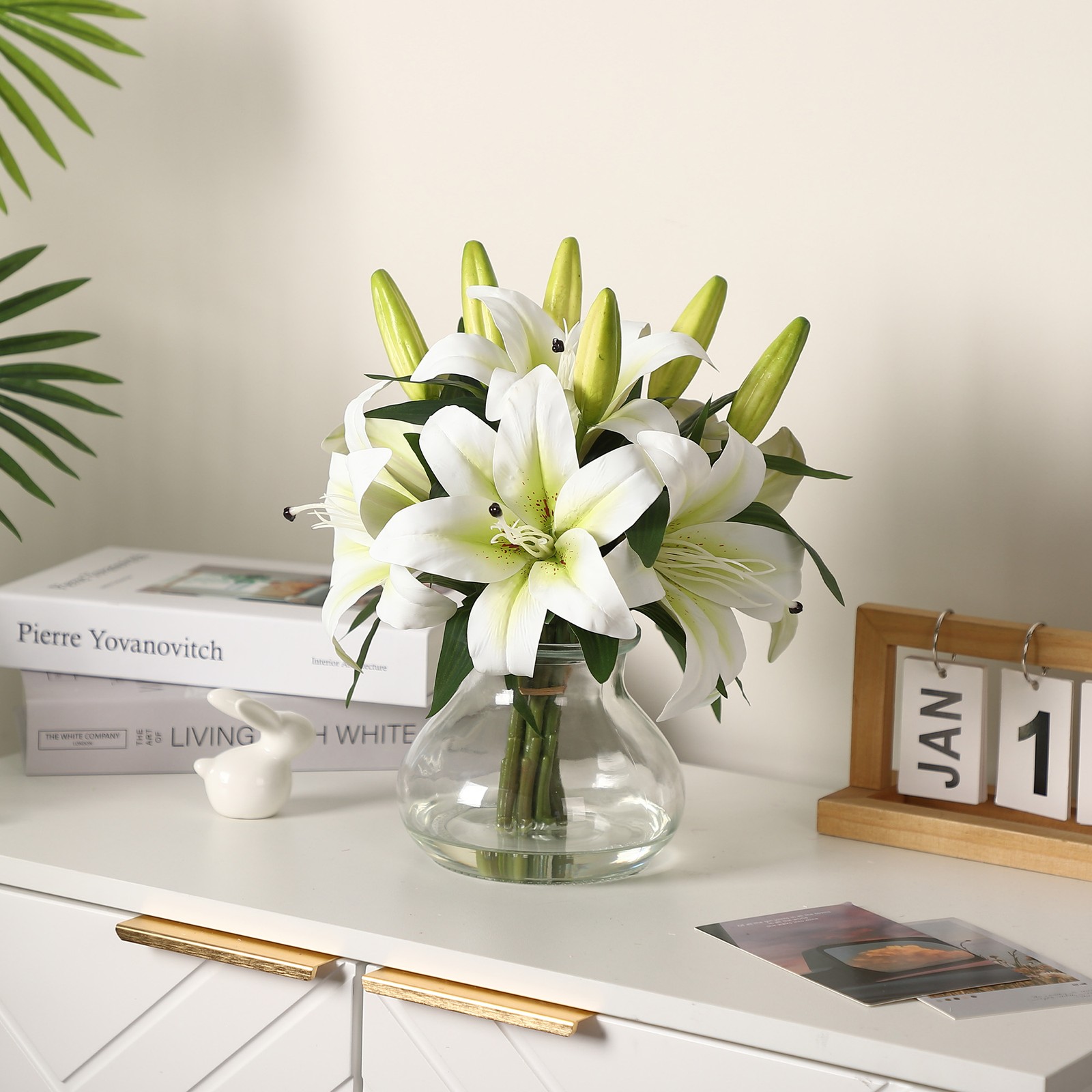 Artificial Tiger Lily Flowers w/ Glass Vase & Faux Water 13″ Floral Centerpiece