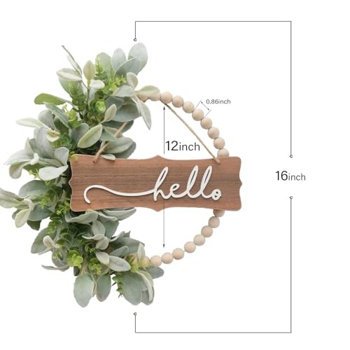 Green Wreath for Front Door, Wood Bead Wreaths with Artificial Lambs Ears