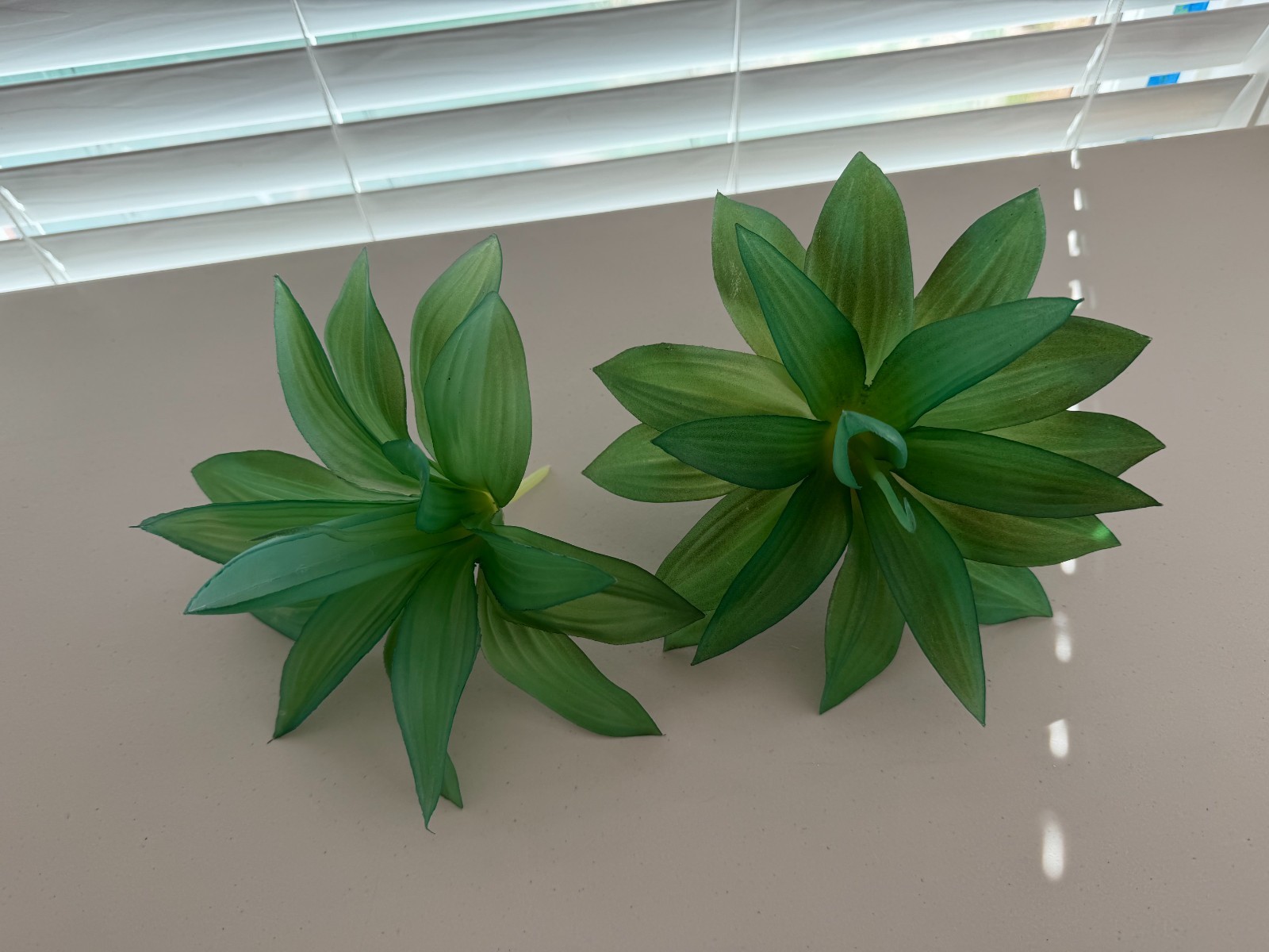 Lot 2 Faux Dracaena or Bromeliad artificial plastic plant picks (Sh17)