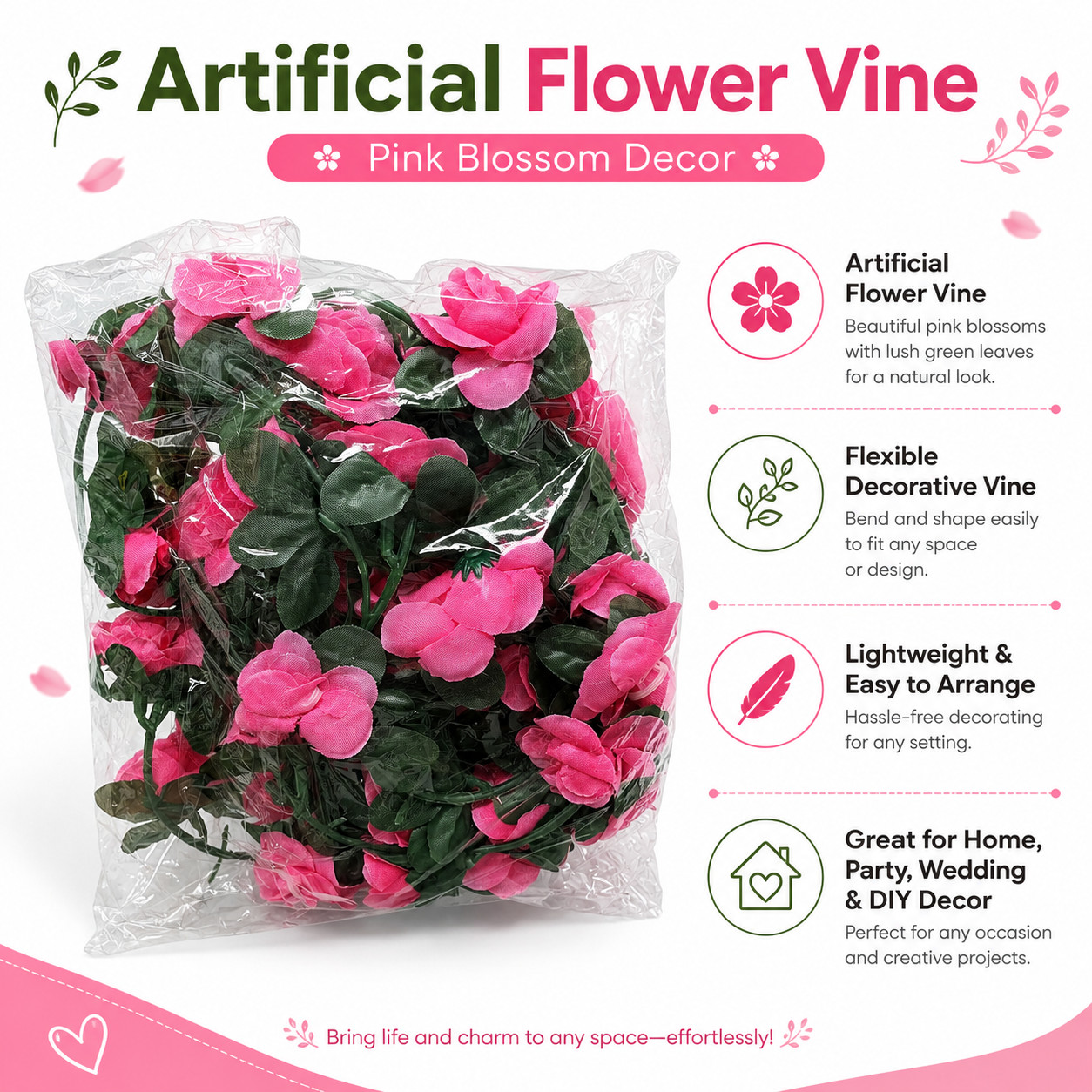 Pink Rose Artificial Flower Vine Garland for Wedding Party and Home Decor