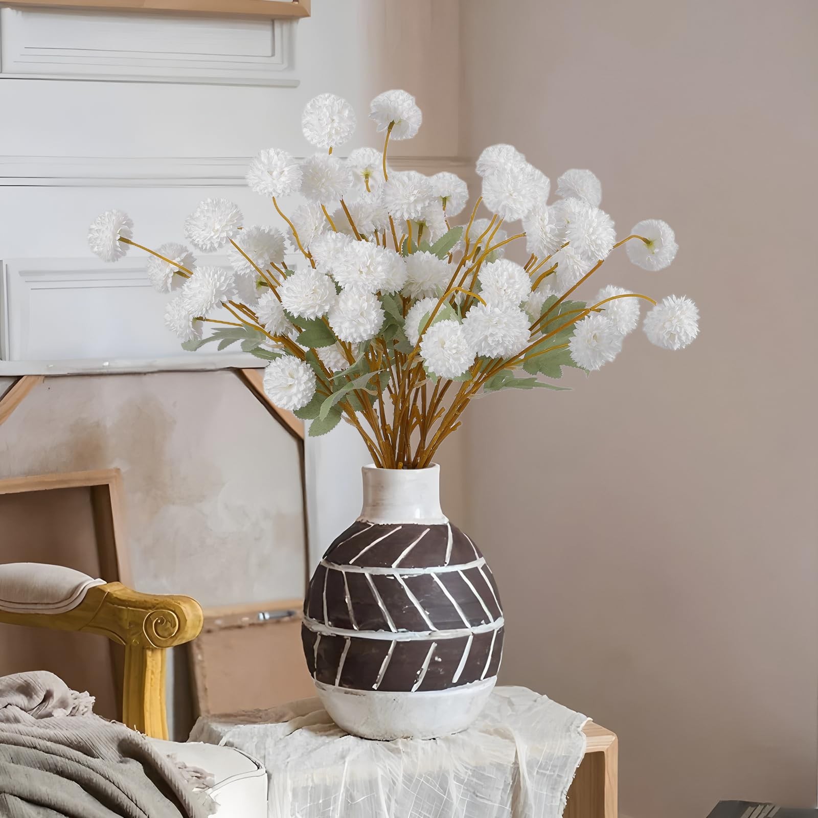 12 PCS Artificial White Chrysanthemum Kiku Pom Mums Faux Floral Centerpiece