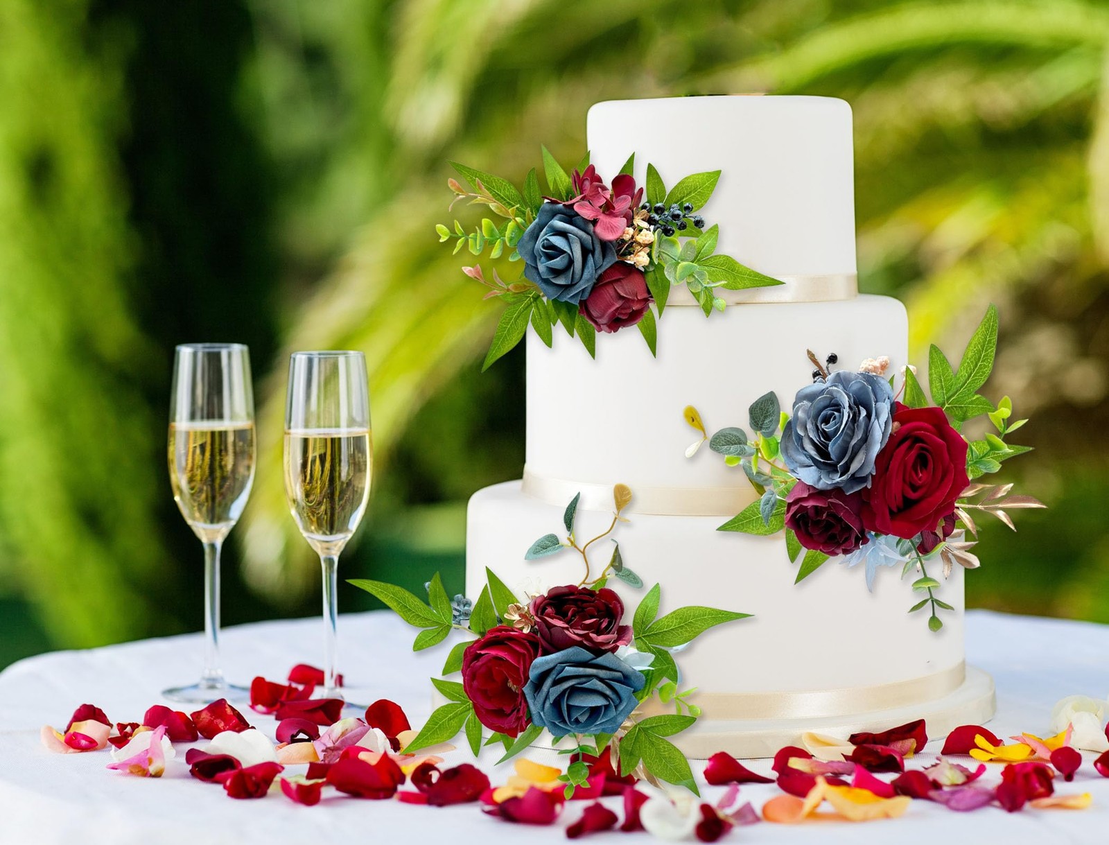 3 Pcs Wedding Cake Topper Set Artificial Flowers Decor Burgundy Navy Blue