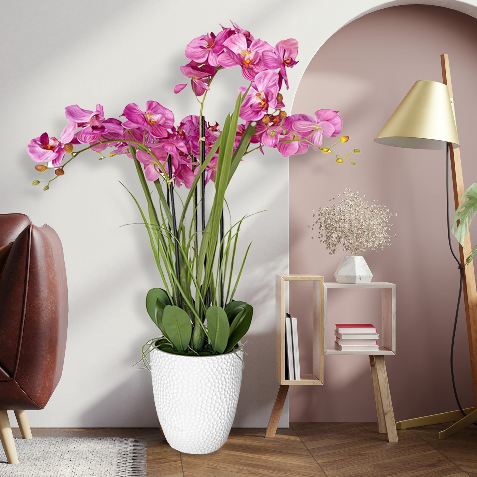 49″ Artificial Flowers Potted Faux Realistic Pink Orchid in Plastic Pot