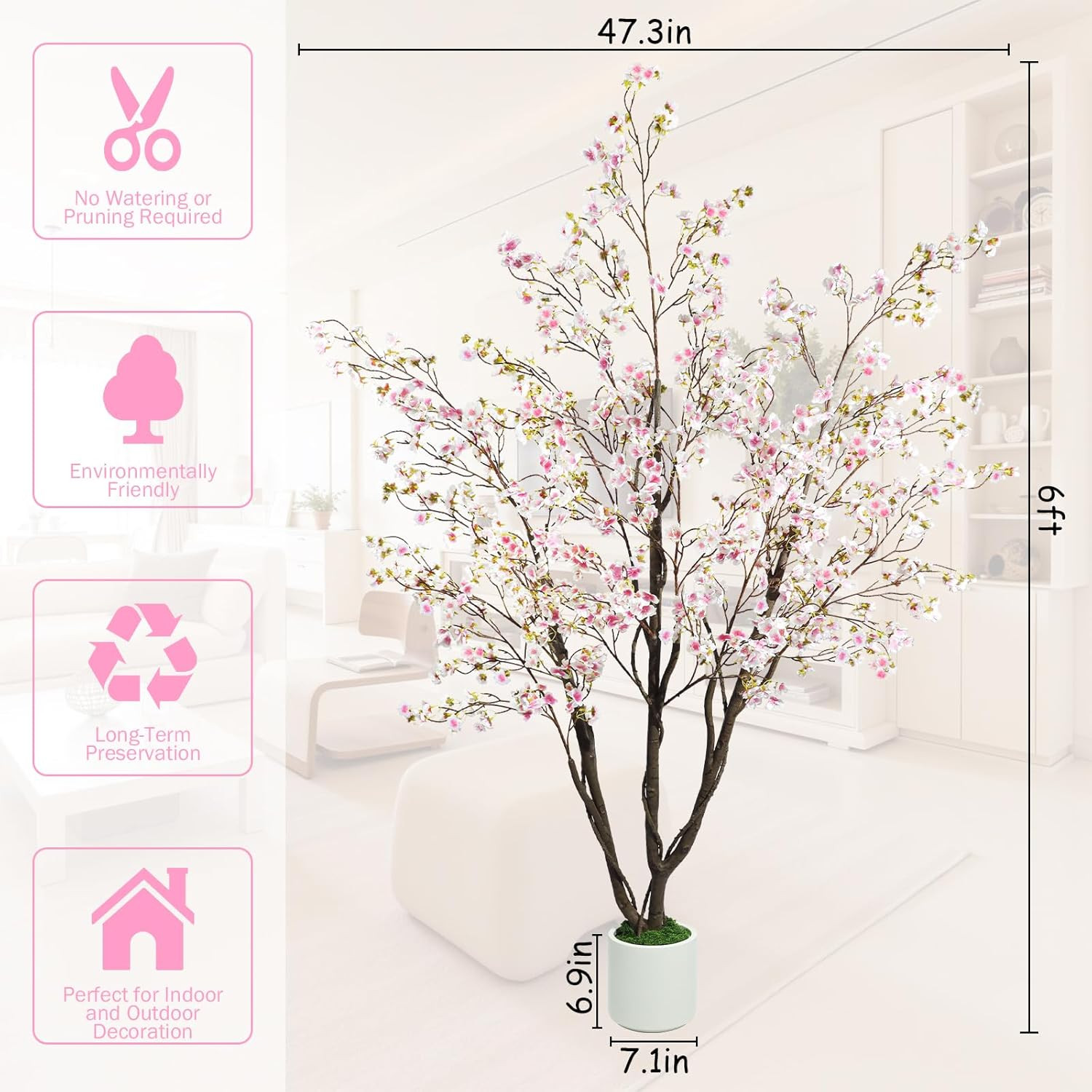 6FT Artificial Cherry Blossom Tree with Pot – Pink Faux Plant for Home Decor