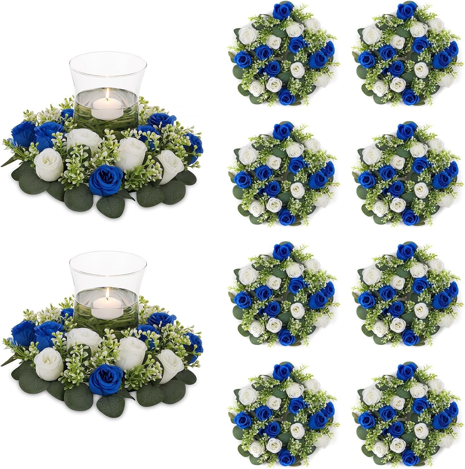 Small Wreath Table Centerpieces 9.05 Inch Royal Blue & White Flower Candle Rings