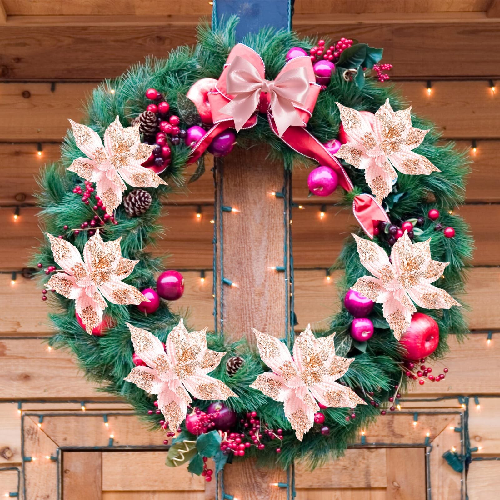 8 PCS Large Glitter Christmas Flowers Poinsettia Artificial 11 Inch Pink