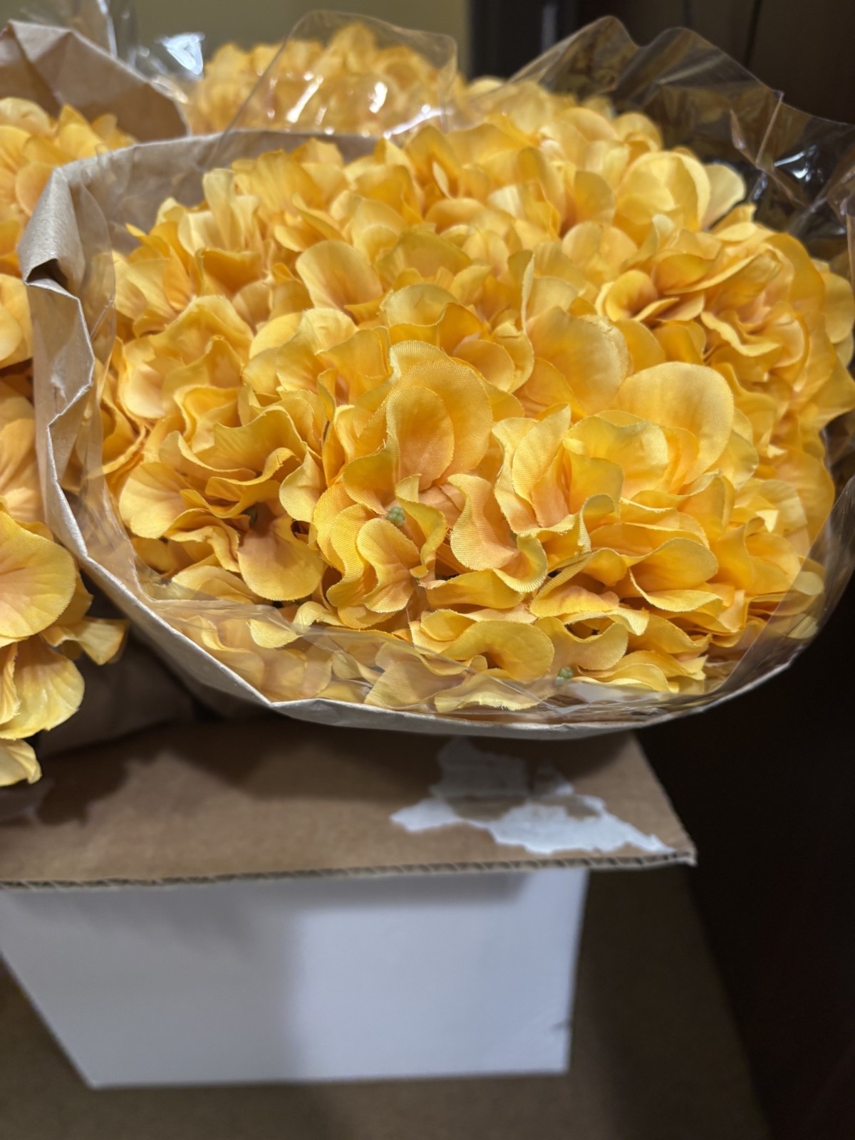 NEW Pottery Barn Faux Gold Amber Hydrangea Flowers Bunch Bundle Stems Decor NWT