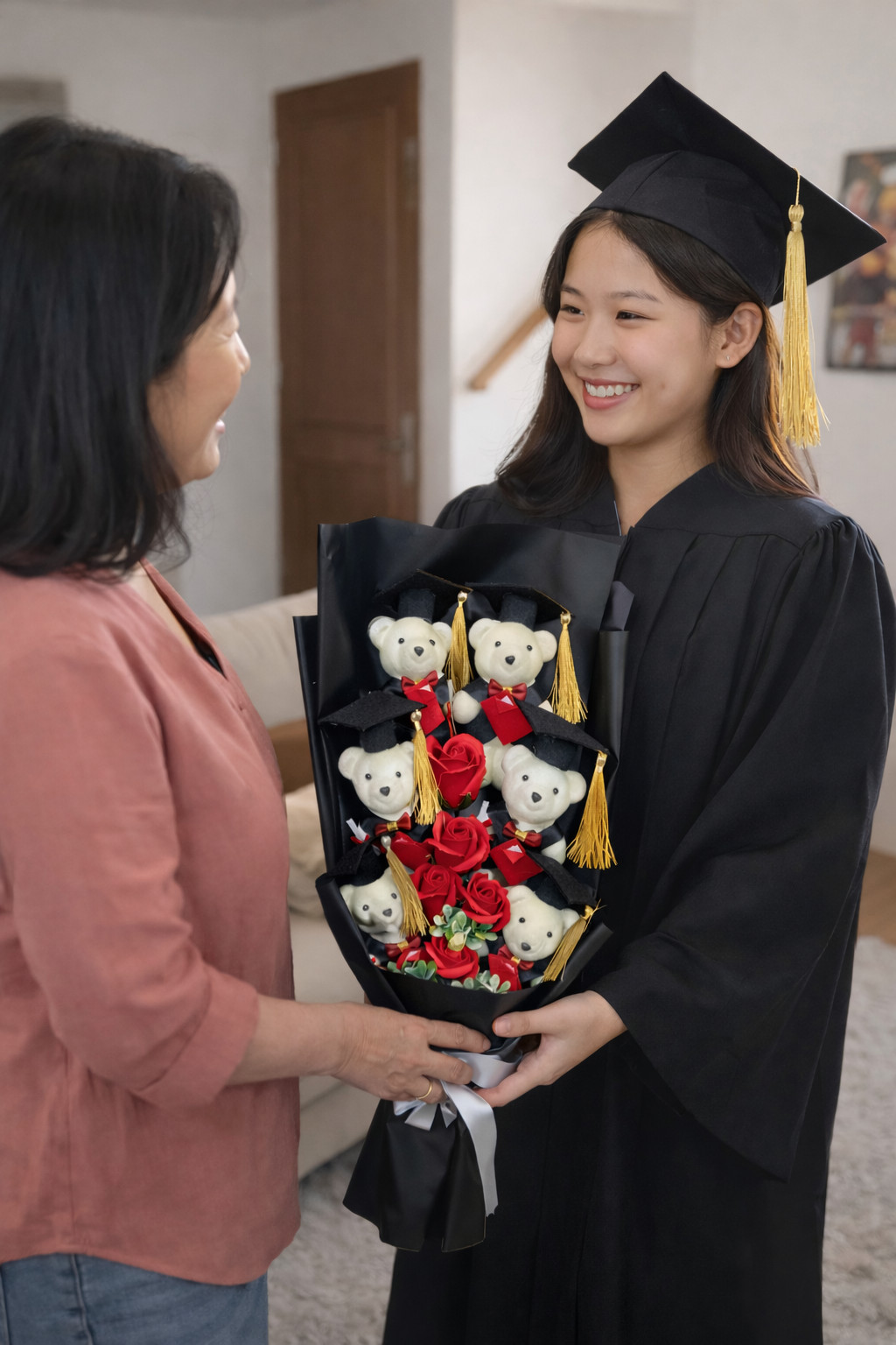 Graduation Teddy Bear Rose Bouquet with Gold Tassel Elegant Keepsake Gift
