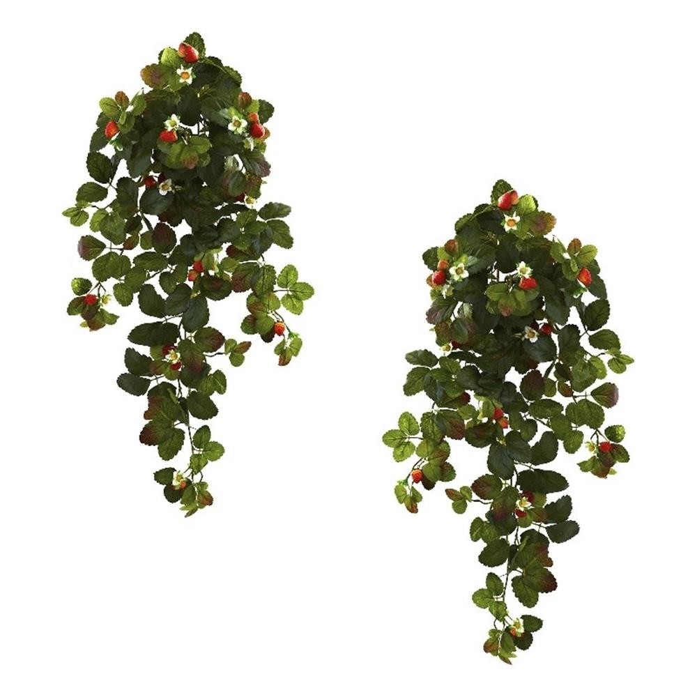 Nearly Natural 31″ Strawberry Hanging Bush with Berry (Set of 2) in Green