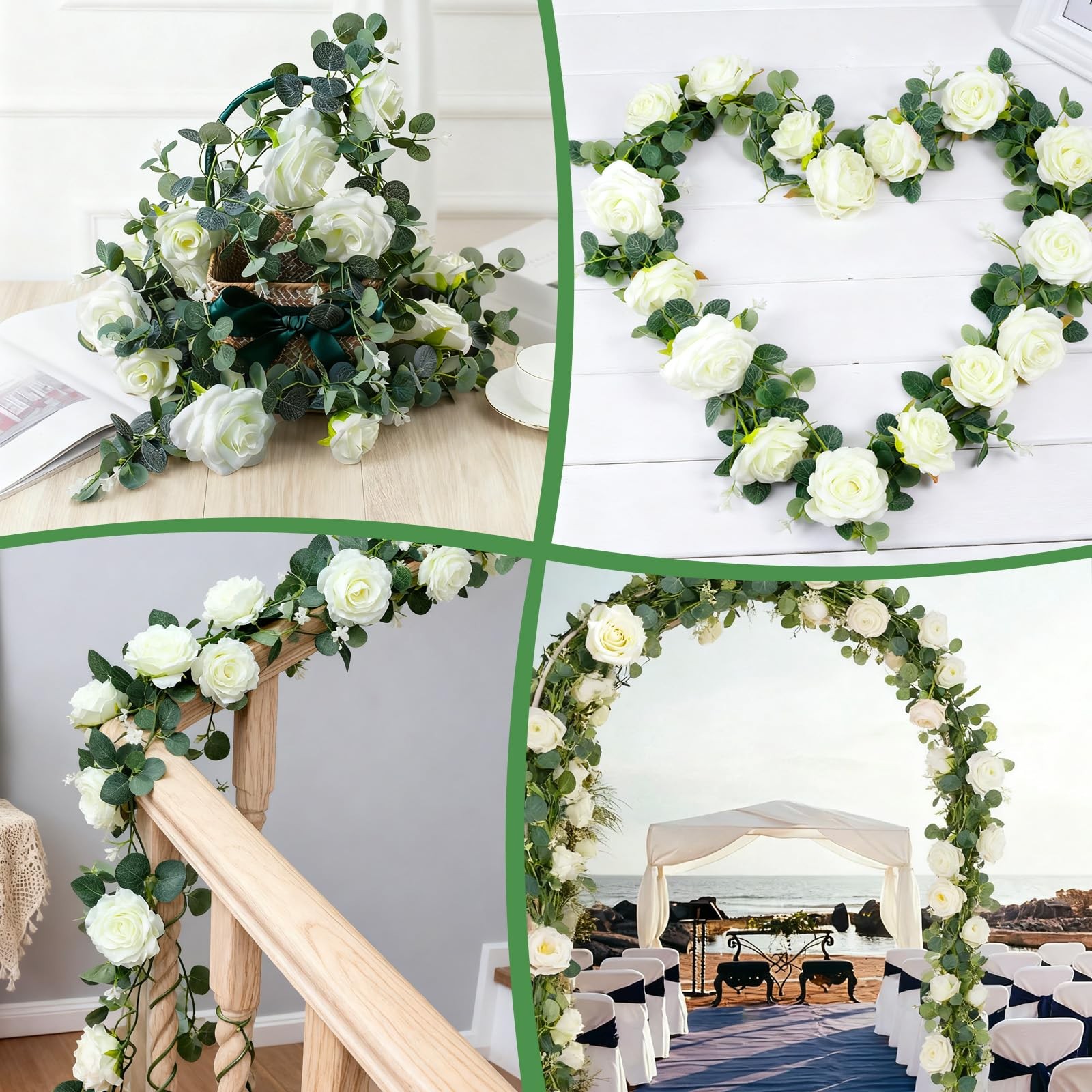 6FT Artificial Eucalyptus Garland with 14 Fake White Rose Flowers – Floral Gr…