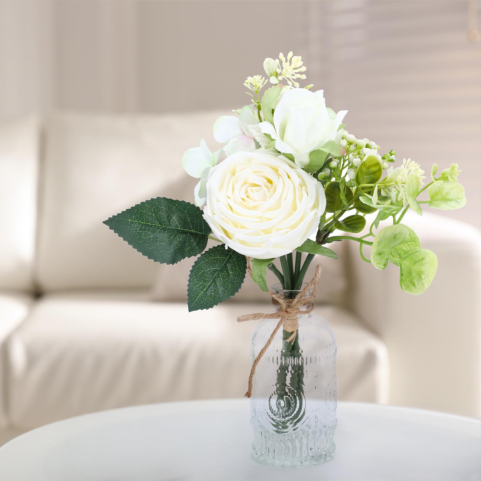 Faux White Silk Rose Flower Arrangement Small Vase Set Table Centerpiece Decor