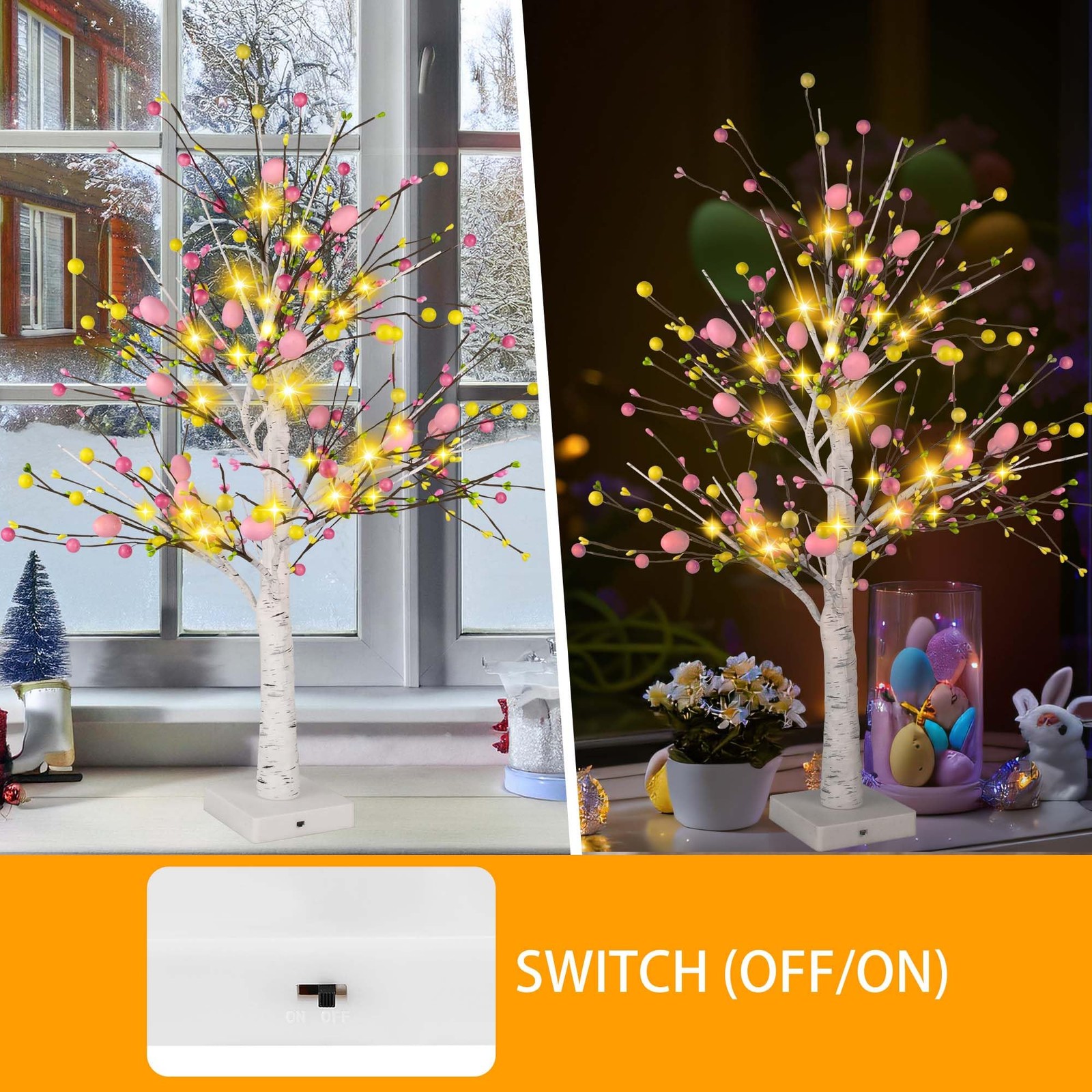 Easter Decorations, 2 Pcs Pre-lit 24 Inch Easter Egg Tree with 24 LED Lights, Ba
