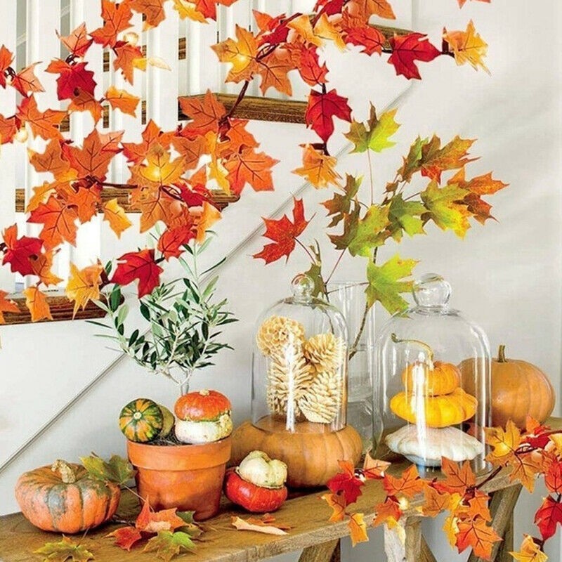 Autumn Fall Maple Leaves LED Lights Hanging Plant Halloween Artificial Flowers