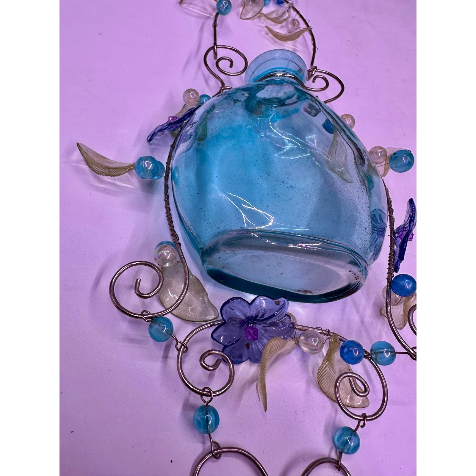 Vintage Blue Floral Glass Hanging Vase