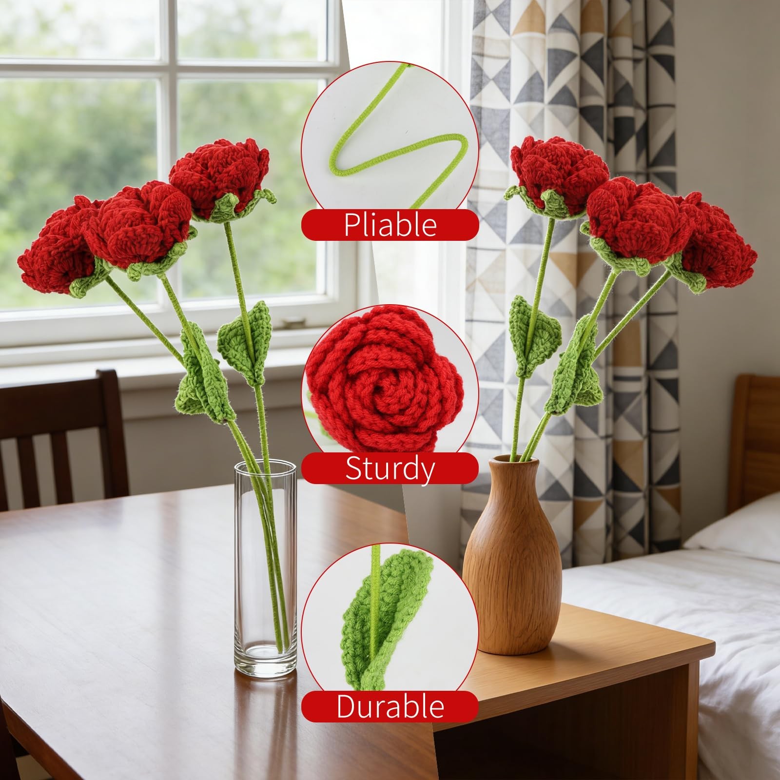 3 Pcs Handmade Crochet Rose Bouquet – Everlasting Floral Decor for Home Offic…
