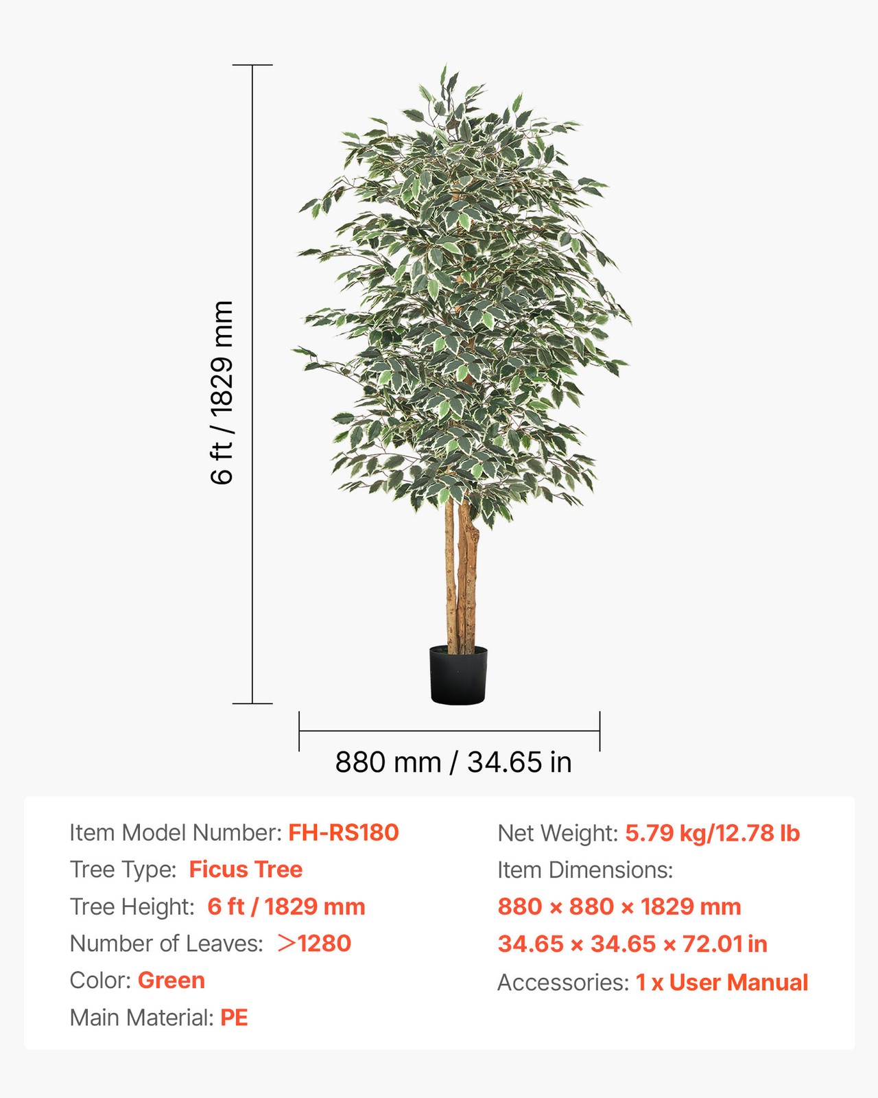 VEVOR 6FT Artificial Ficus Tree Tall Faux Plant with Black Pot for Indoor Decor