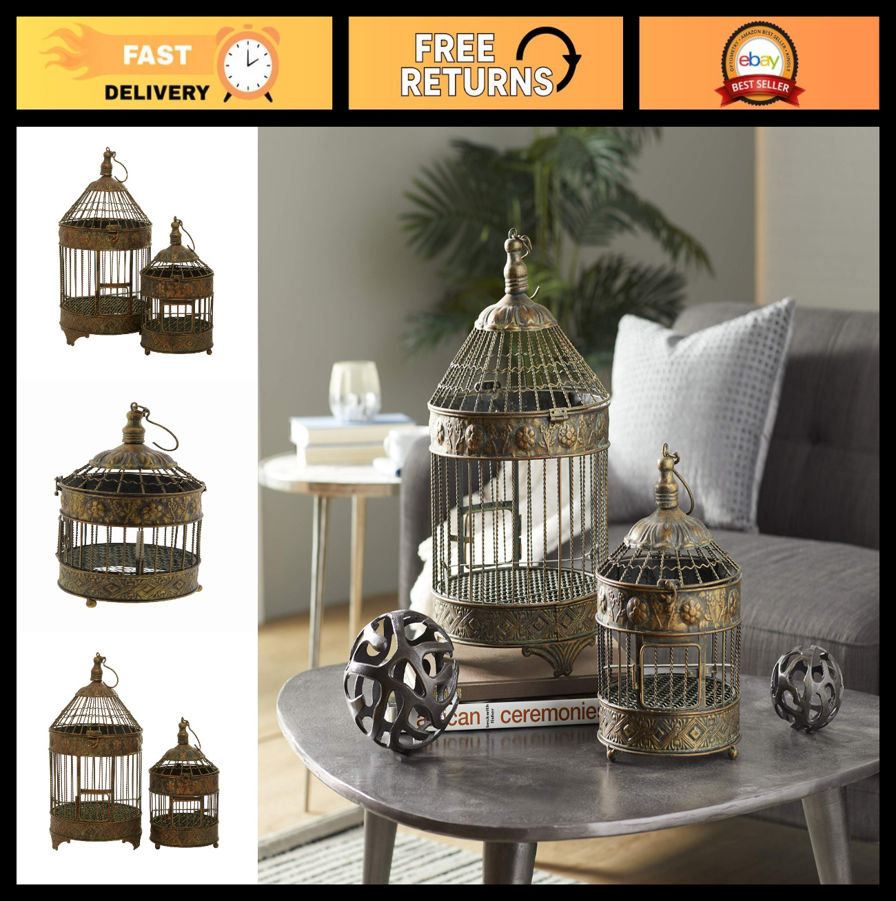 Antique Metal Floral Birdcage Set of 2 – Twisted Rod, Latch Closure, Hanging Hoo