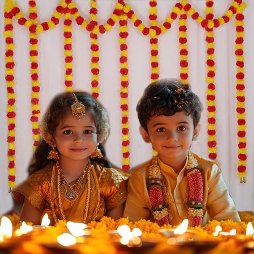 Marubhumi 5-PC Artificial Marigold Flower Garland – 4.5 Feet Long Yellow/Red