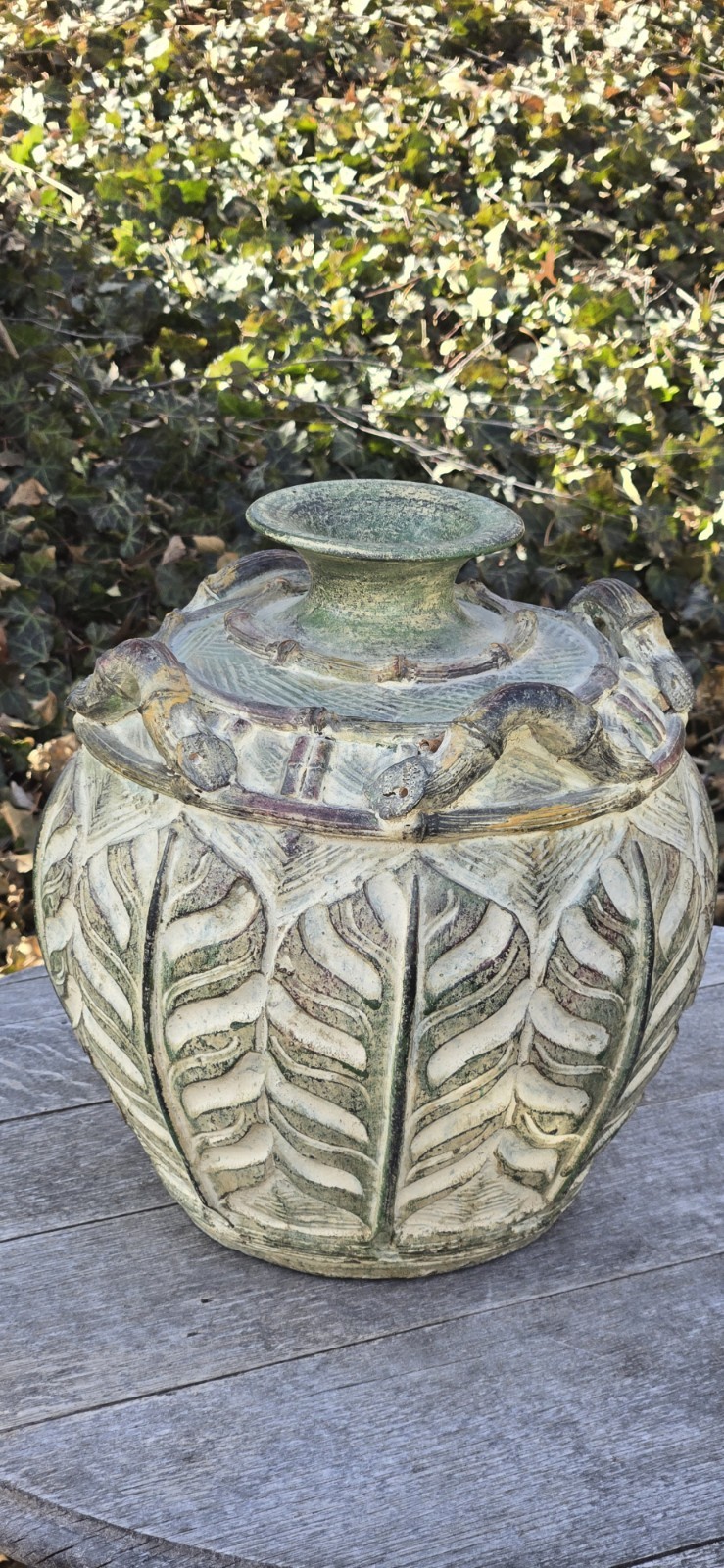 Rustic Urn Vase Earthenware Pottery Botanical Leaf Handles 12″T Brownish Green